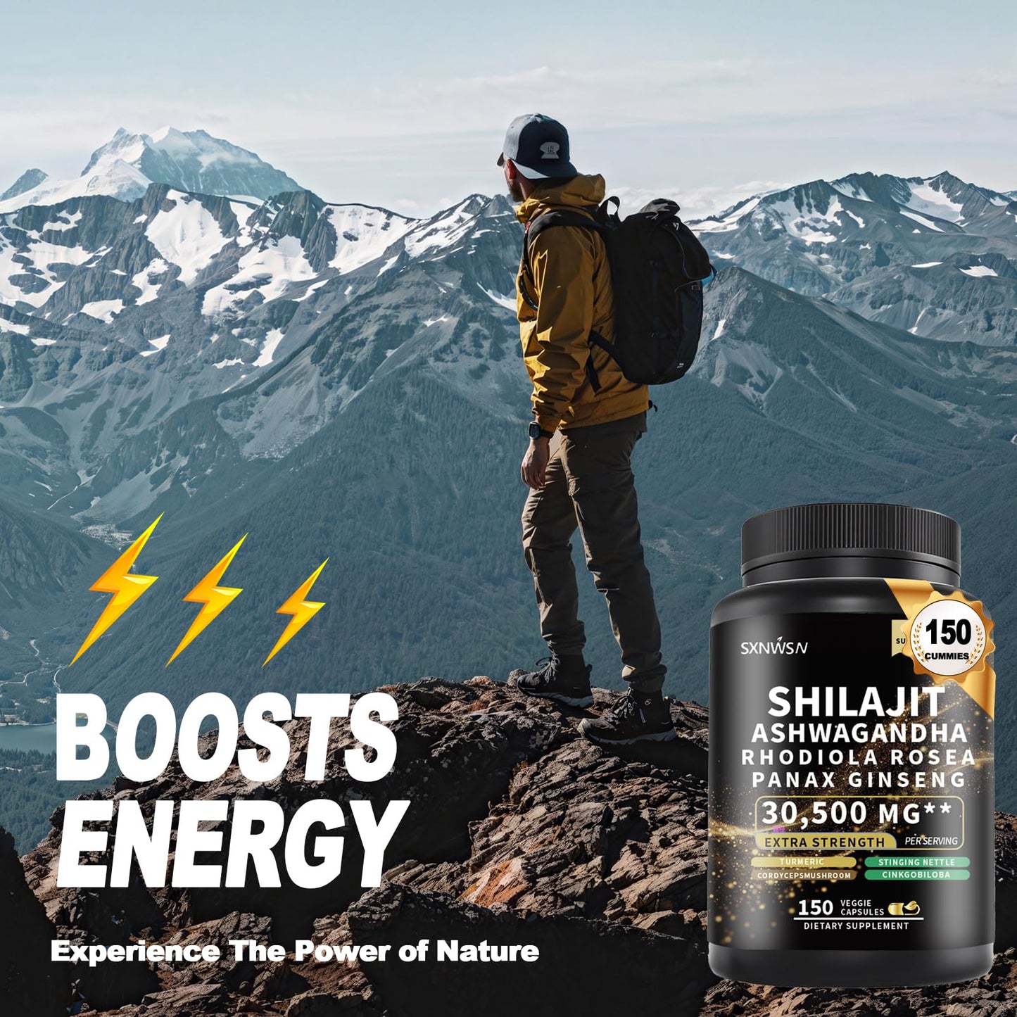SXNWSN Shilajit Complex with Ashwagandha Rhodiola Rosea Ginseng Cordyceps Capsule, 1 Count