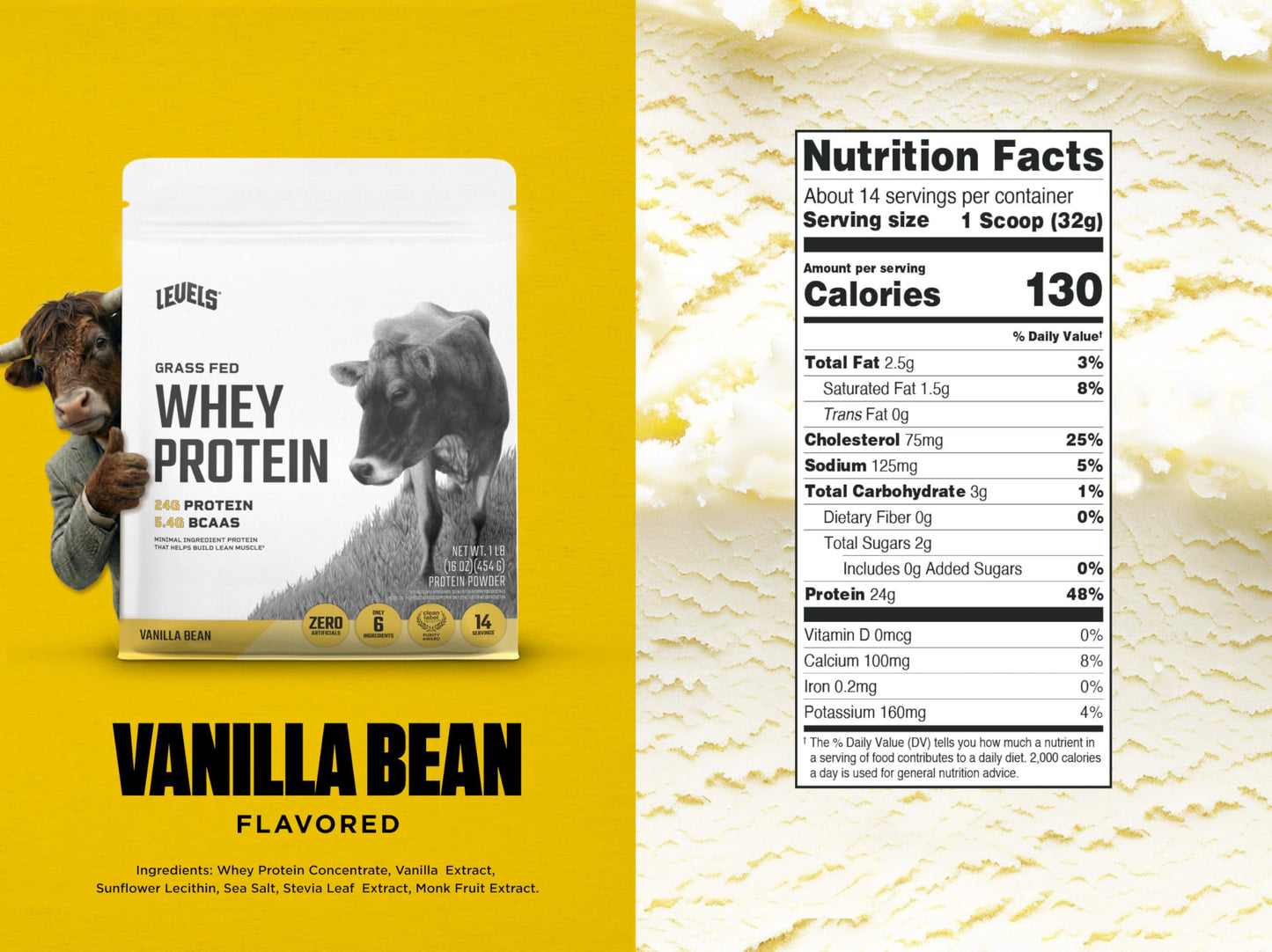 Levels Nutrition Grass Fed Whey Protein Powder Vanilla Bean, 16 Servings