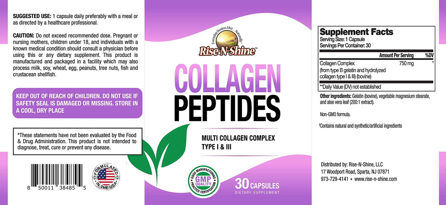 Rise-N-Shine Hydrolyzed Collagen Type I & III Capsules, 30 Count