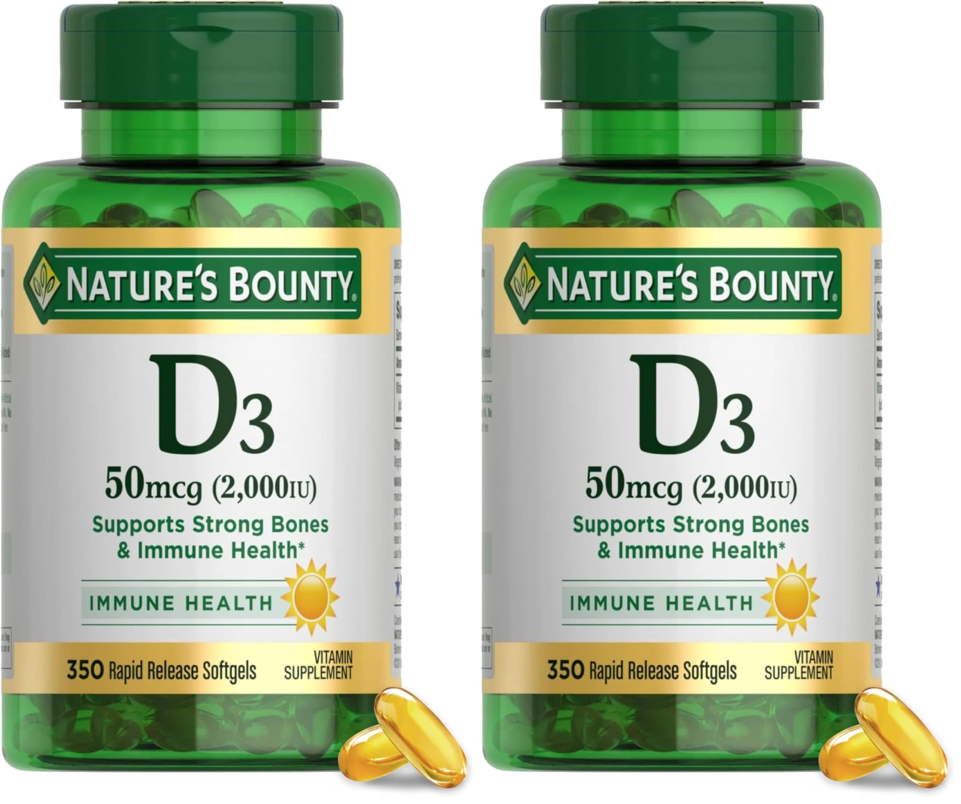 Nature's Bounty Vitamin D3 2000 IU, Supports Immune Health, Calcium Absorption & Bone Strength,Essential for Healthy Bones,Non-GMO,No-Gluten,350 Softgels,1 Serving Per Day for Daily Health,(Pack of 2)