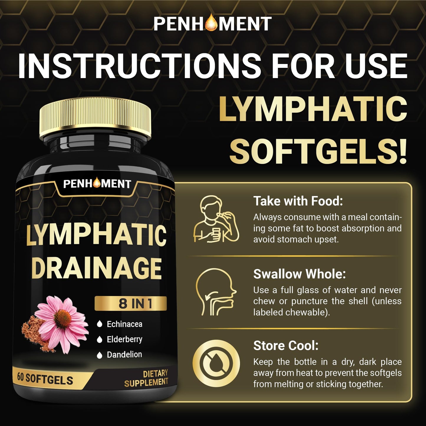 Penhoment 500 mg Lymphatic Drainage Softgels, 60 Count