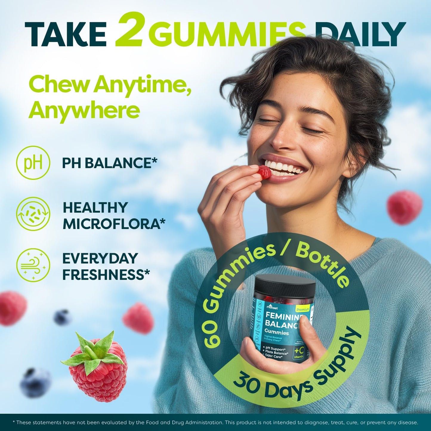 MONSET Feminine Balance Gummies for Women Vaginal Probiotics pH Balance & Odor Control Berry Flavor, 60 Gummies