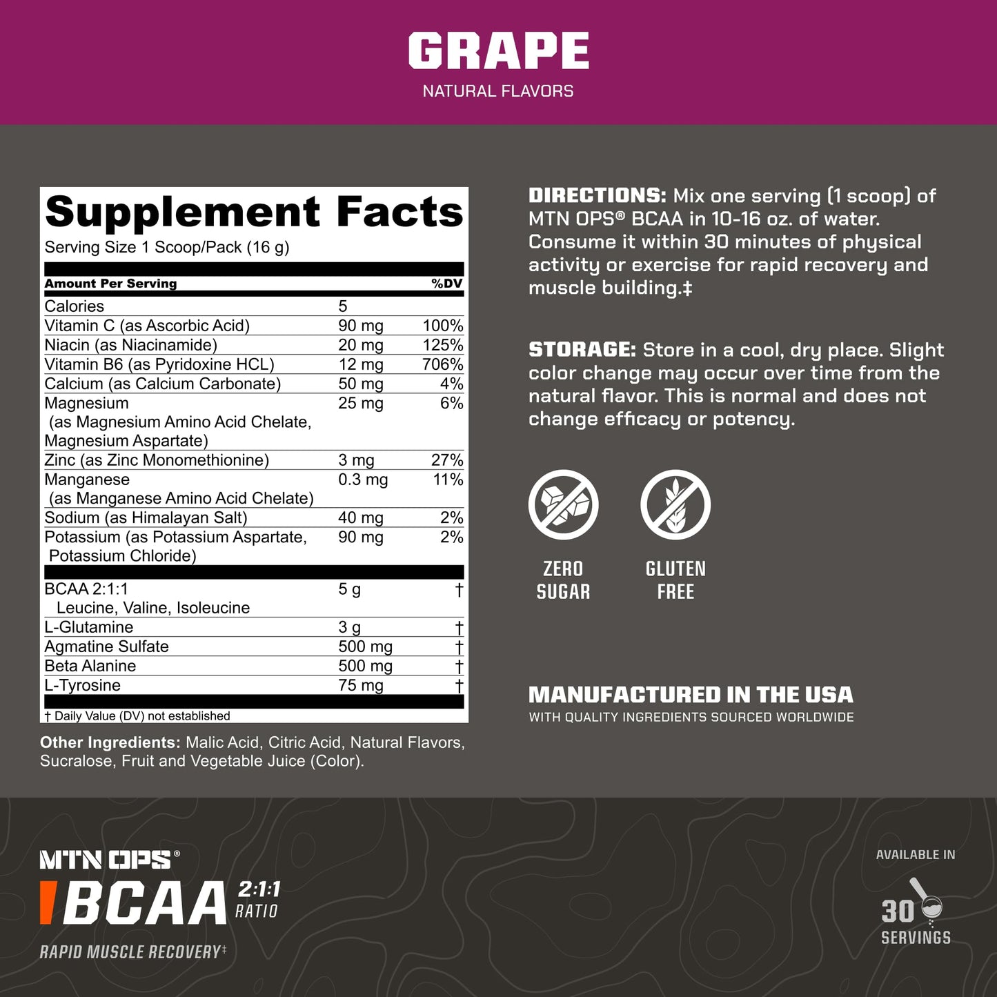 MTN OPS BCAA Powder for Muscle Recovery, Grape, 14.1