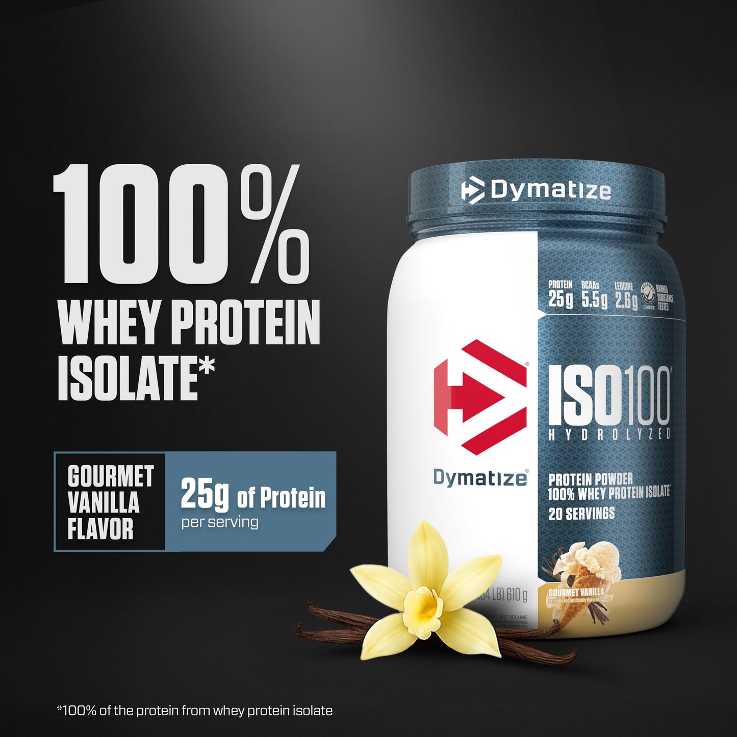 Dymatize ISO100 Whey Protein Isolate Powder, Gourmet Vanilla, 21.5 g Protein per Serving, 1.34 lb