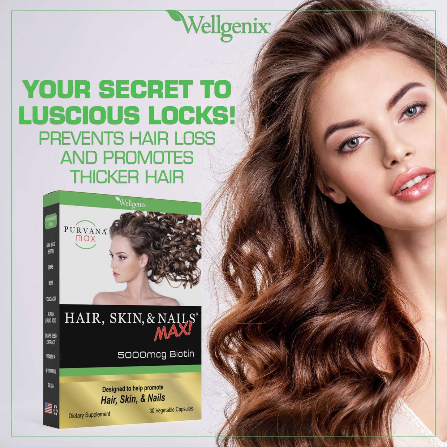 Wellgenix Purvana MAX Hair Skin and Nails Supplement 5000mcg Biotin with MSM & B-Complex 60 Veggie Capsules