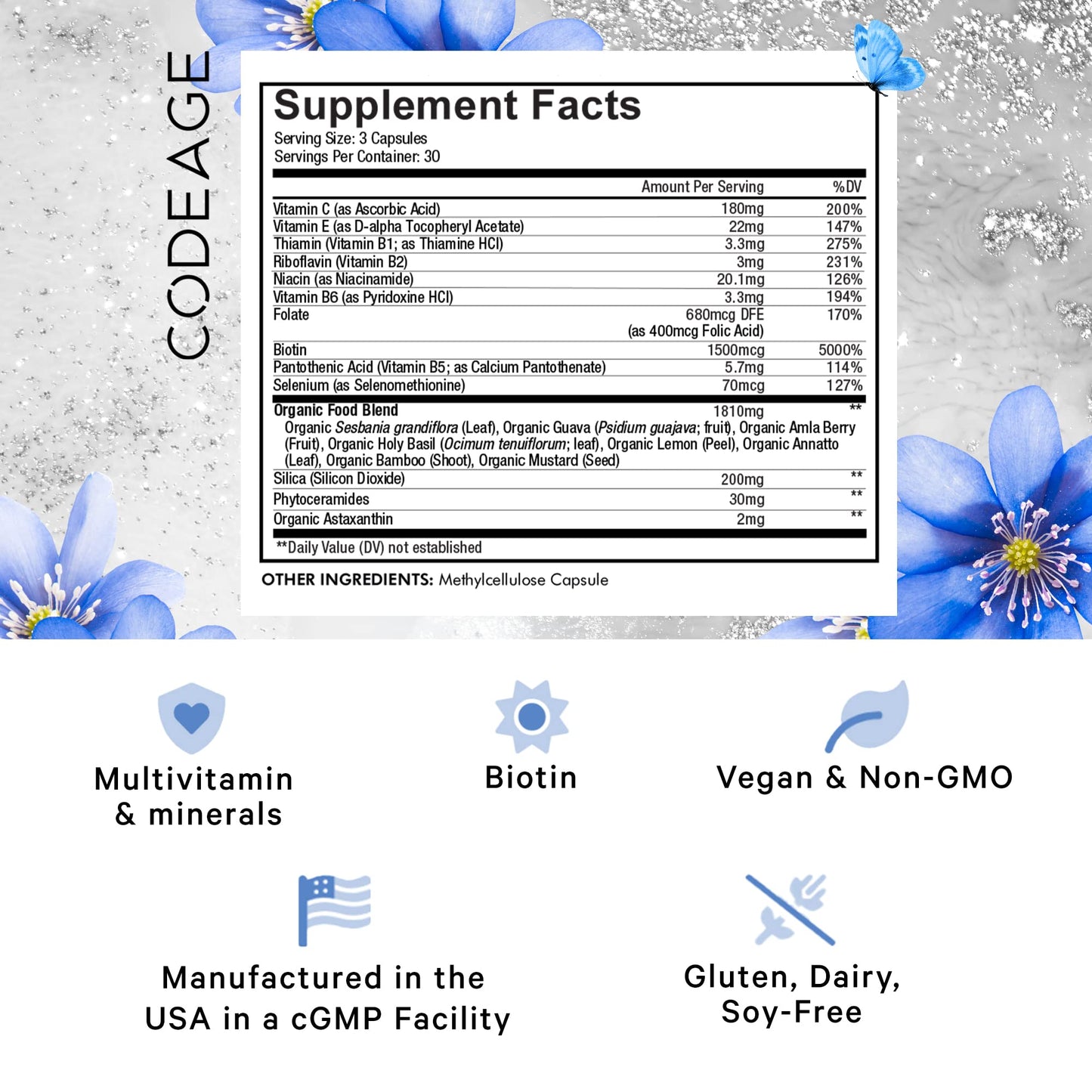 Codeage Biotin Capsule - Beauty Tonic with Vitamin C, Vitamin E, Vitamin B6, Niacin, Folate, Organic Food Blend, Phytoceramides, Astaxanthin, Selenium - Vegan Hair, Skin, and Nail Support, 90 Count