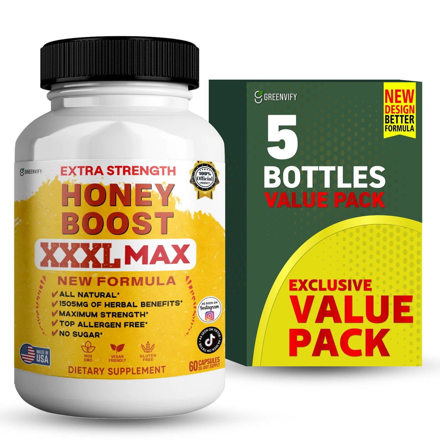GREENVIFY Honey Boost XXXL Max Extra Strength Supplement, Organic Maca Root Complex, All Natural, 60 Capsules