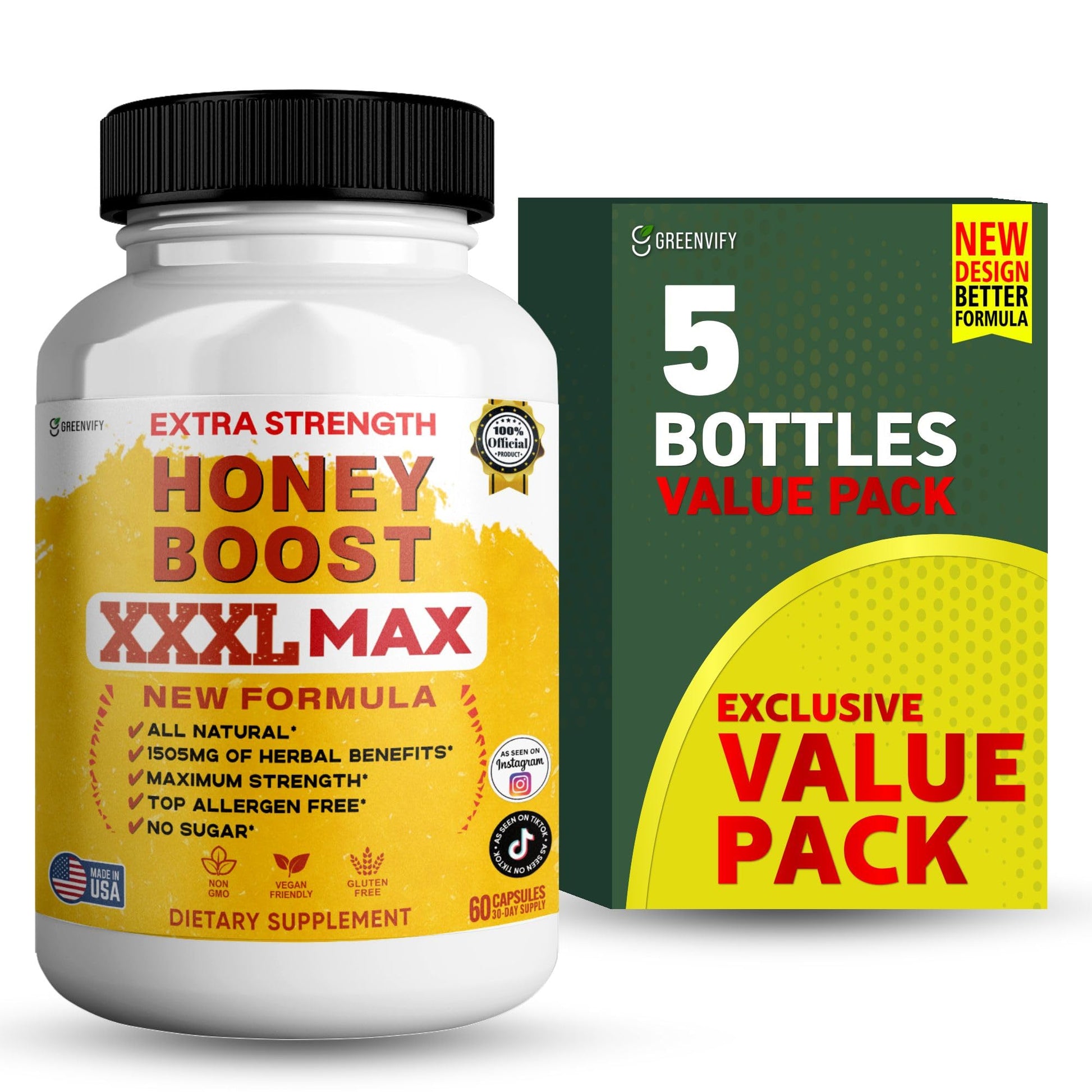 GREENVIFY Honey Boost XXXL Max Extra Strength Supplement, Organic Maca Root Complex, All Natural, 60 Capsules