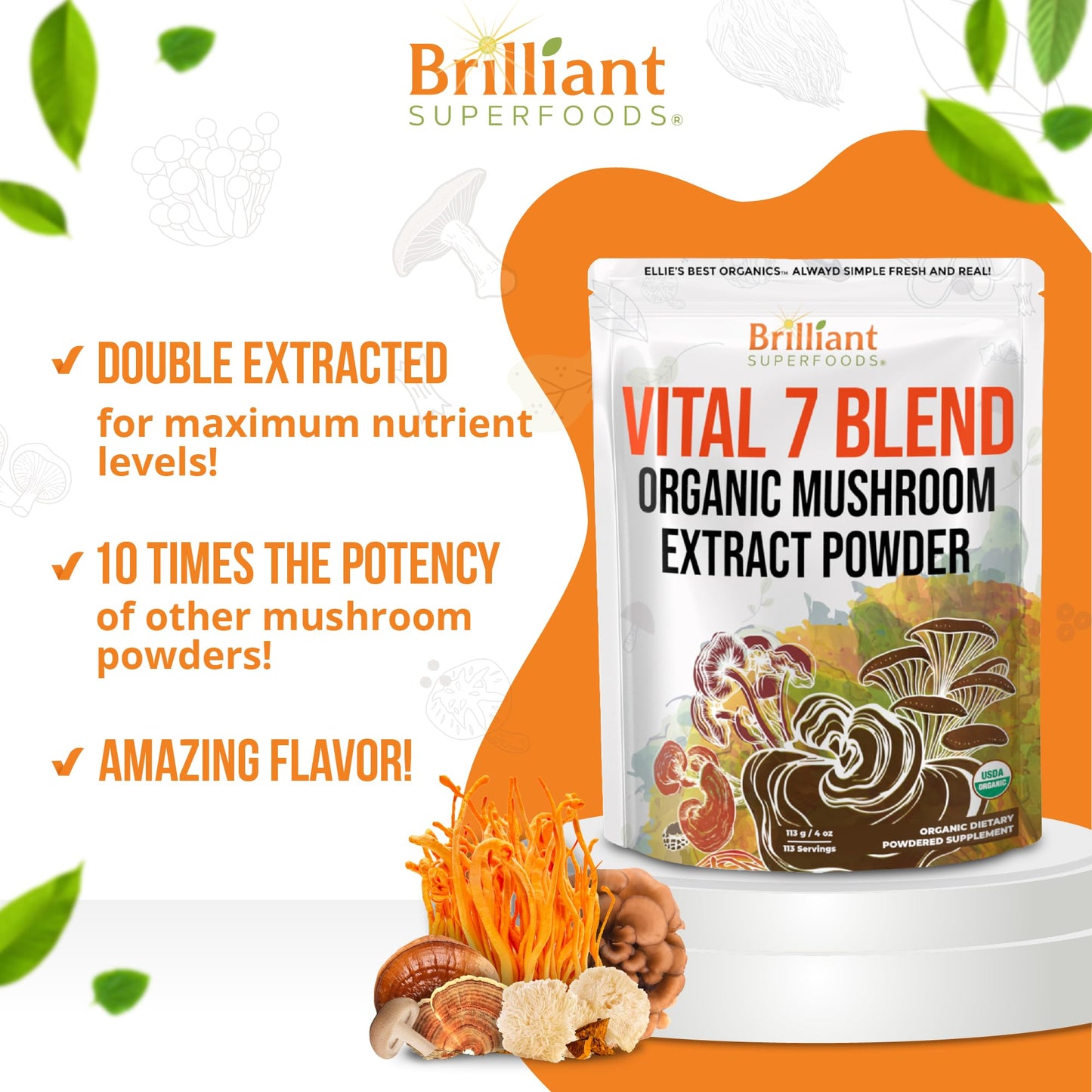 Ellie's Best 7 Mushroom Powder Extract Blend Supplement Organic 4oz