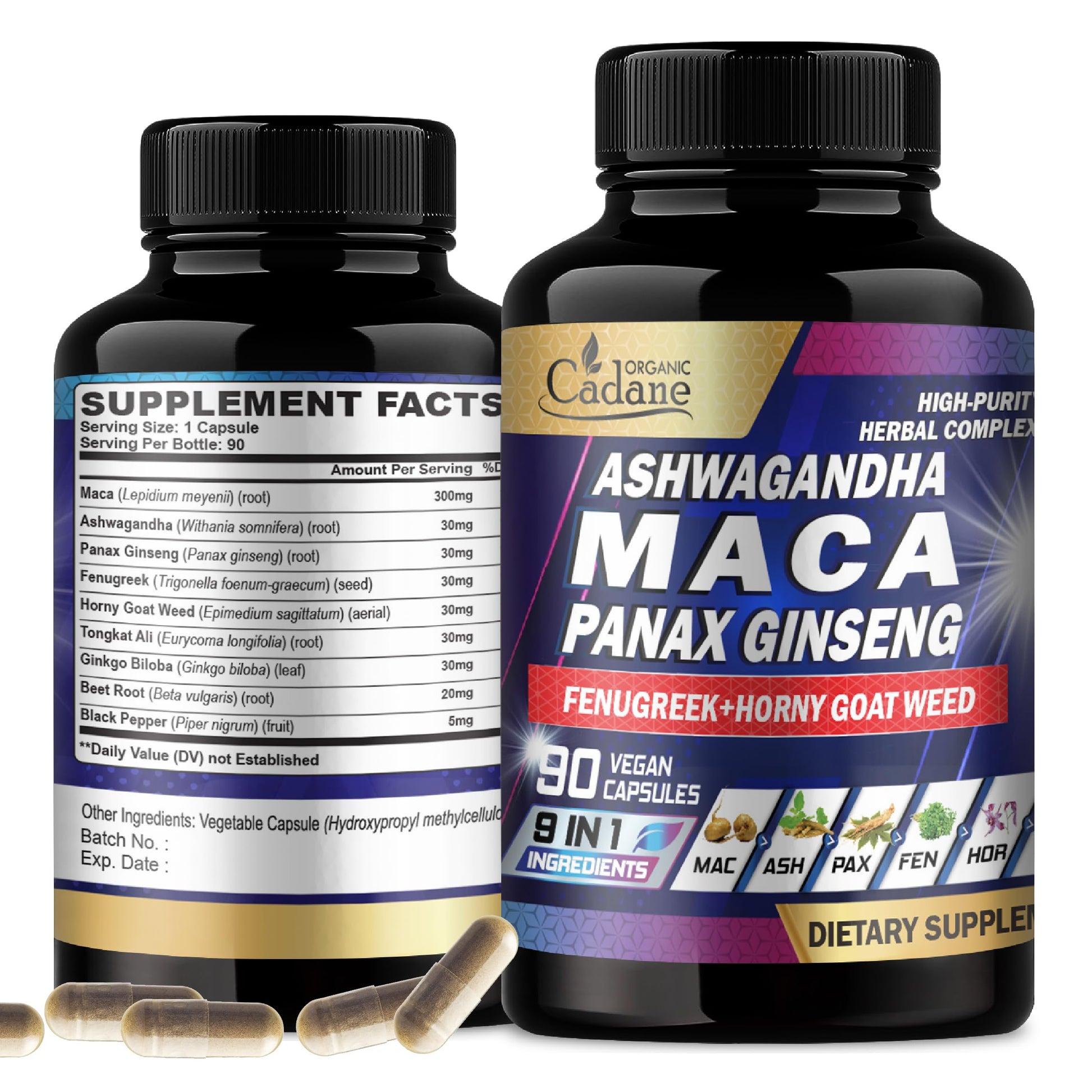 Organic Cadane Maca Root, Ashwagandha, Panax Ginseng Supplement Capsules, 90 Count