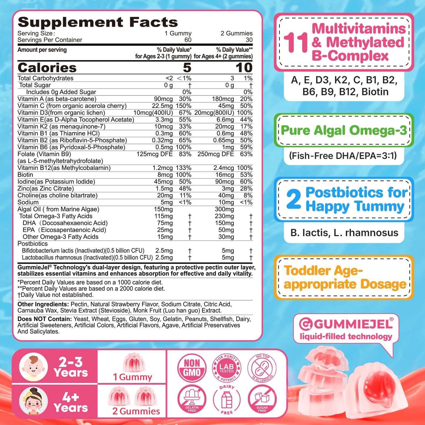 EnvyCure Zeolite Detox for Kids & Adults Organic Toddler Multivitamin Gummies + Omega-3 (DHA/EPA), Postbiotics, 180 Gummies