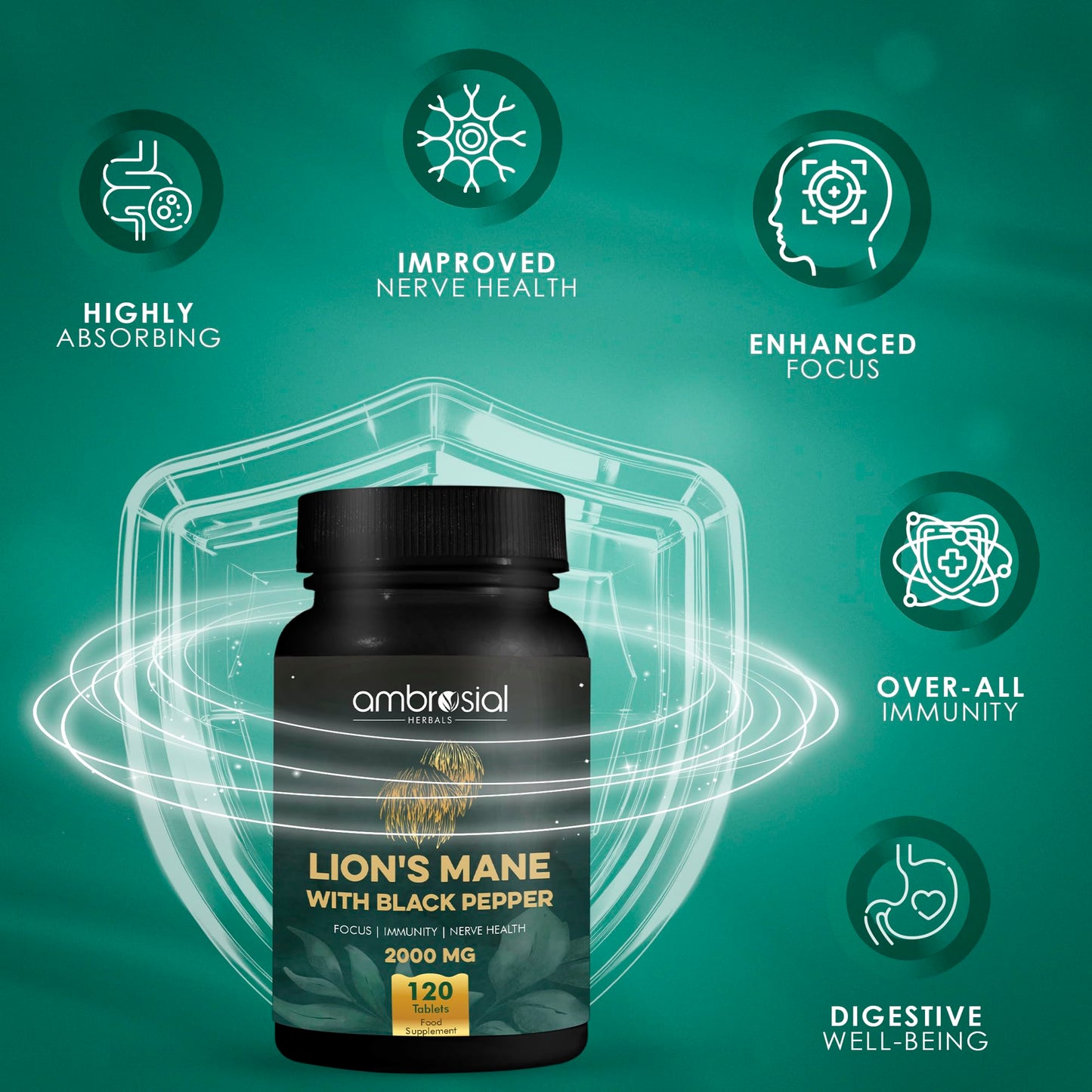 AMBROSIAL Lion's Mane with Black Pepper - 2000 mg, 120 Tablets