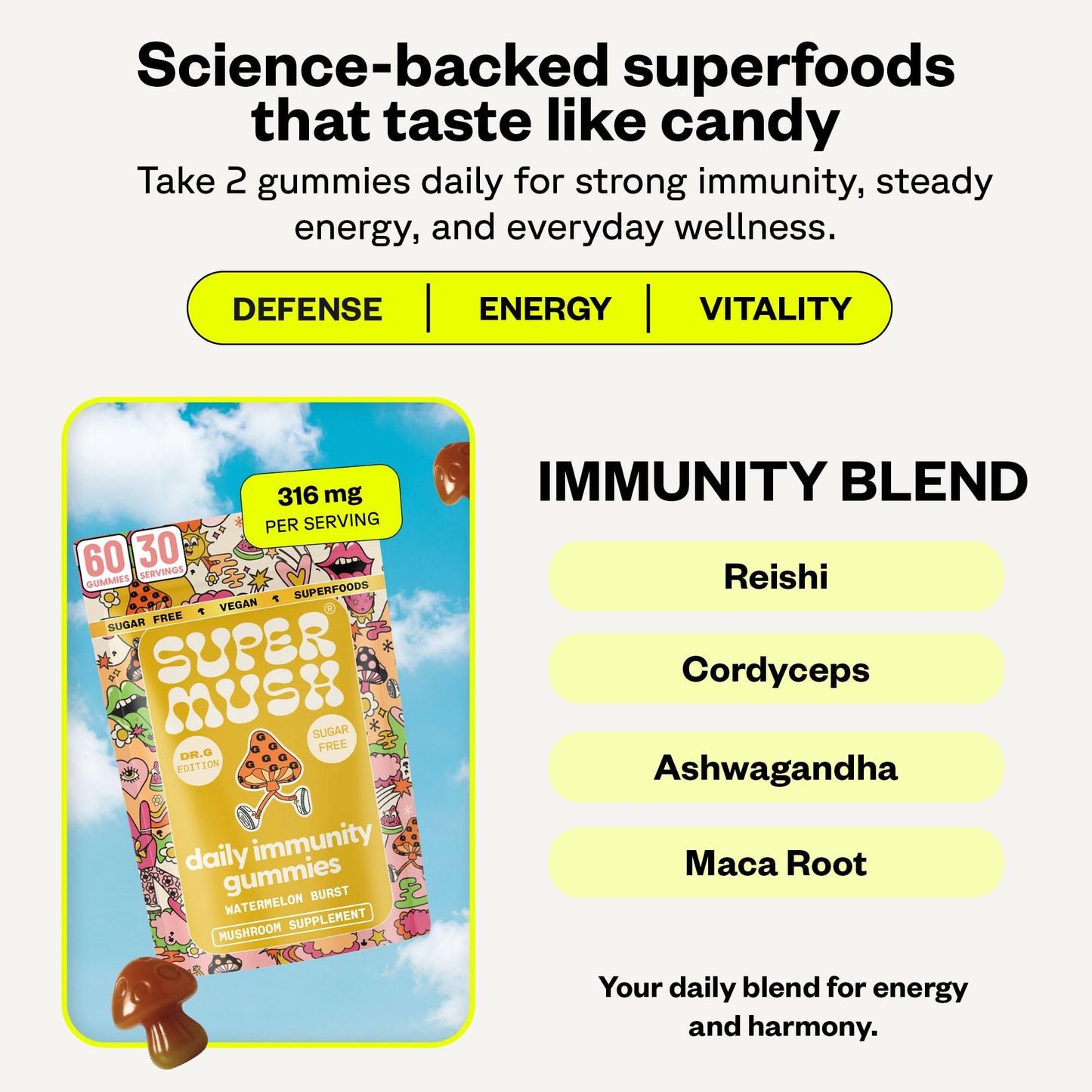 SuperMush Dr. G Daily Greens Immunity Gummies Lion's Mane, 60 Gummies
