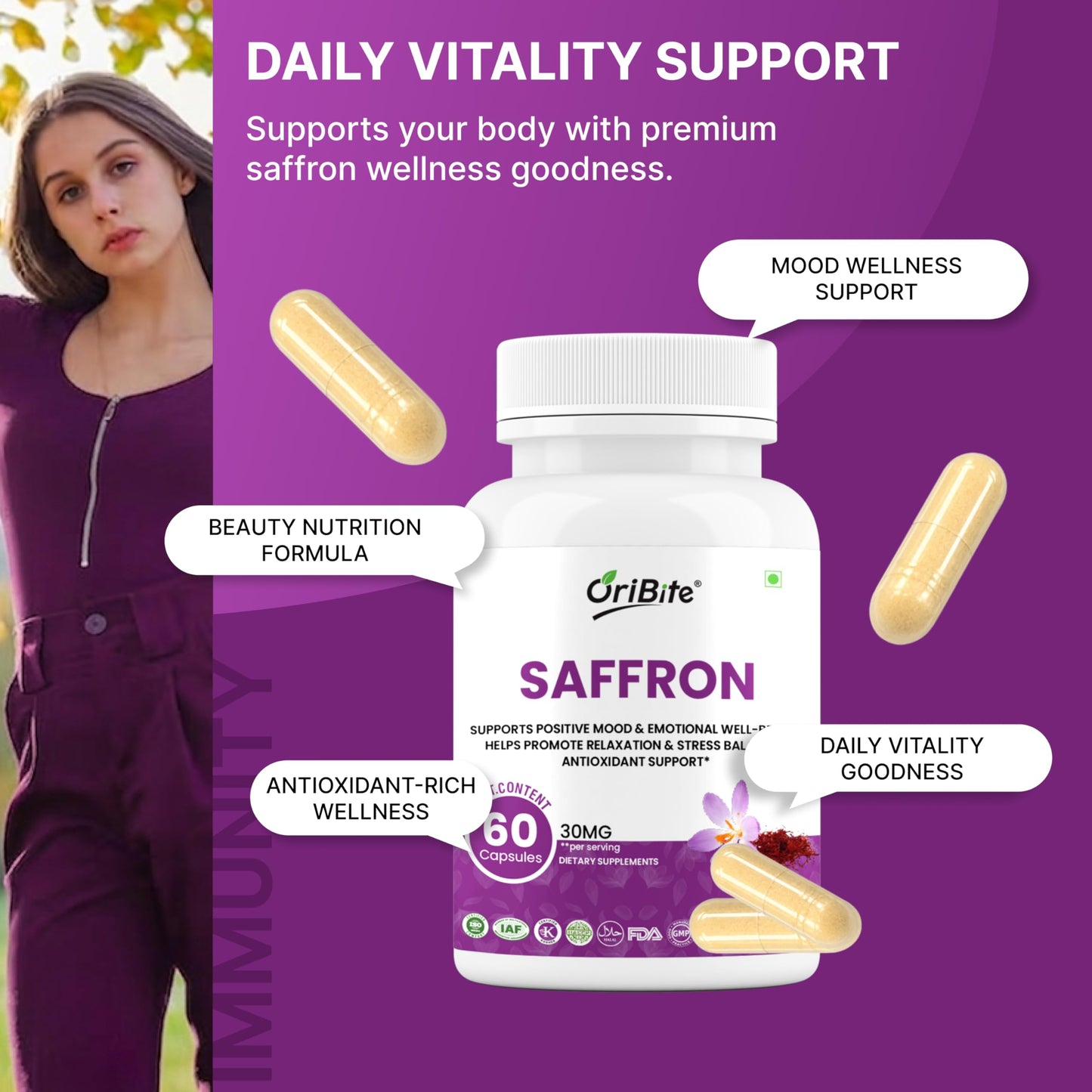 ORIBITE Saffron Supplement 30mg – 100% Pure Saffron Extract Capsules, 60 Capsules