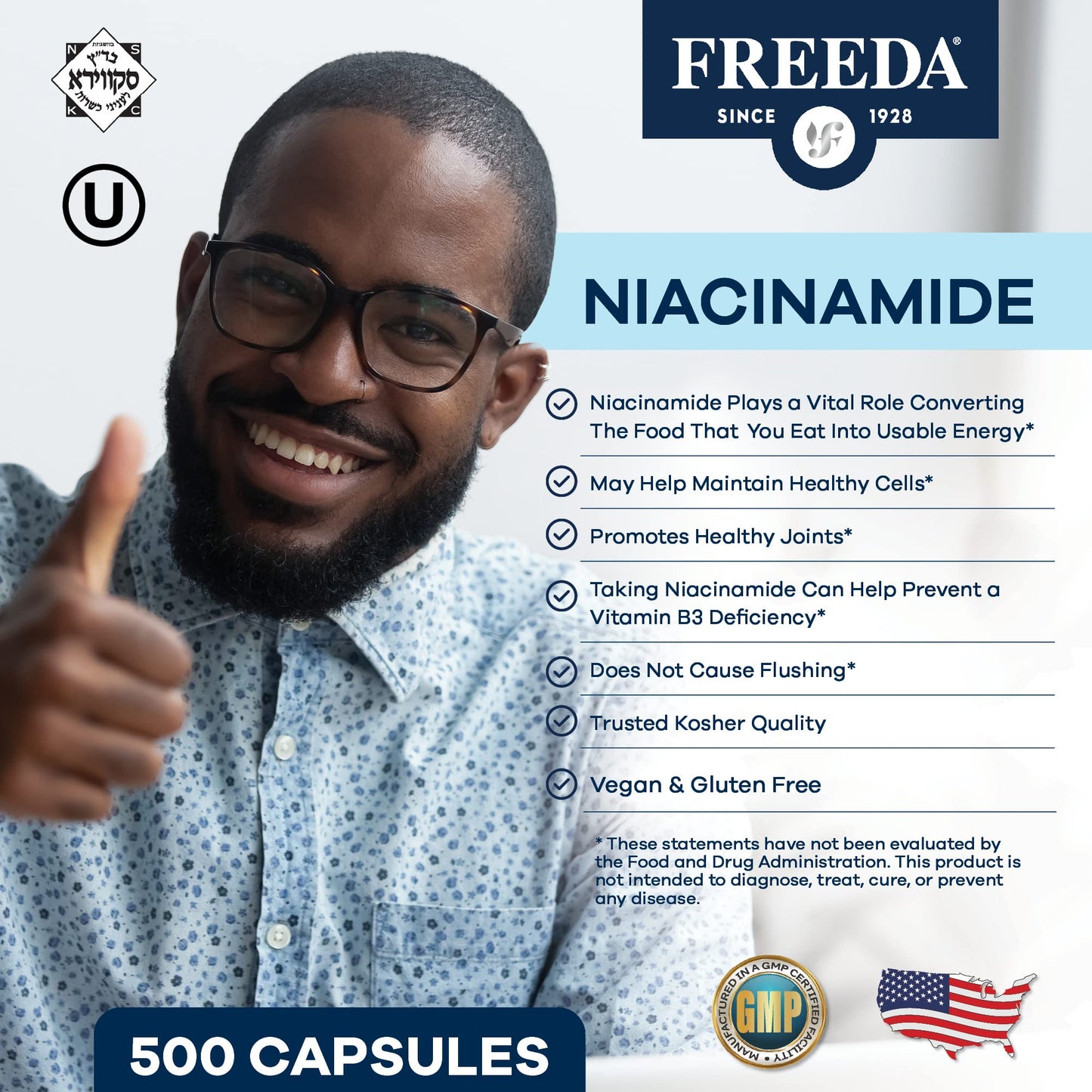 FREEDA Niacinamide Vitamin B3 250 mg, 500 Capsules