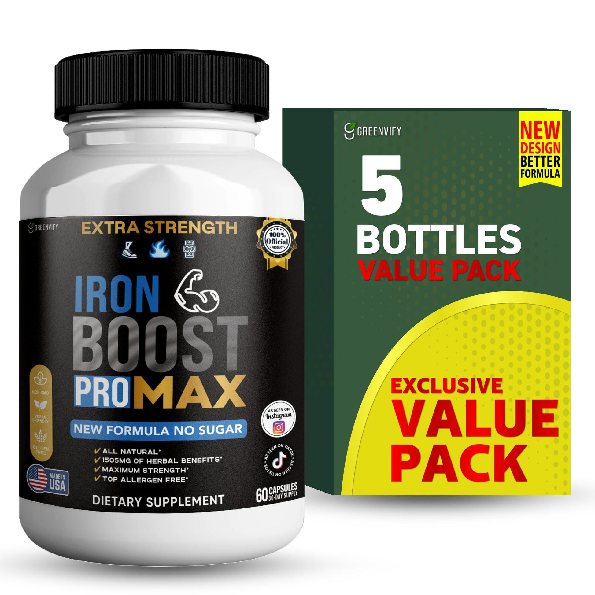 GREENVIFY Iron Boost Pro Max Extra Strength Dietary Supplement Organic Maca Root Blend 60 Capsules