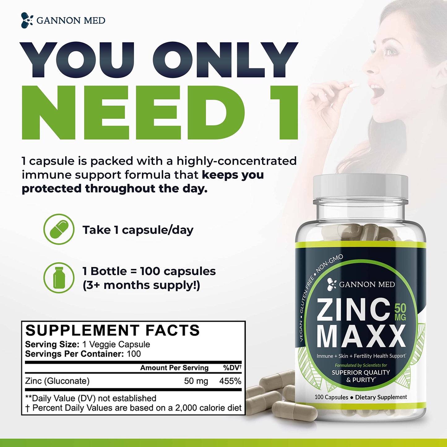 GANNON MED Zinc Chelate Immune Booster Tablets, 100 Count