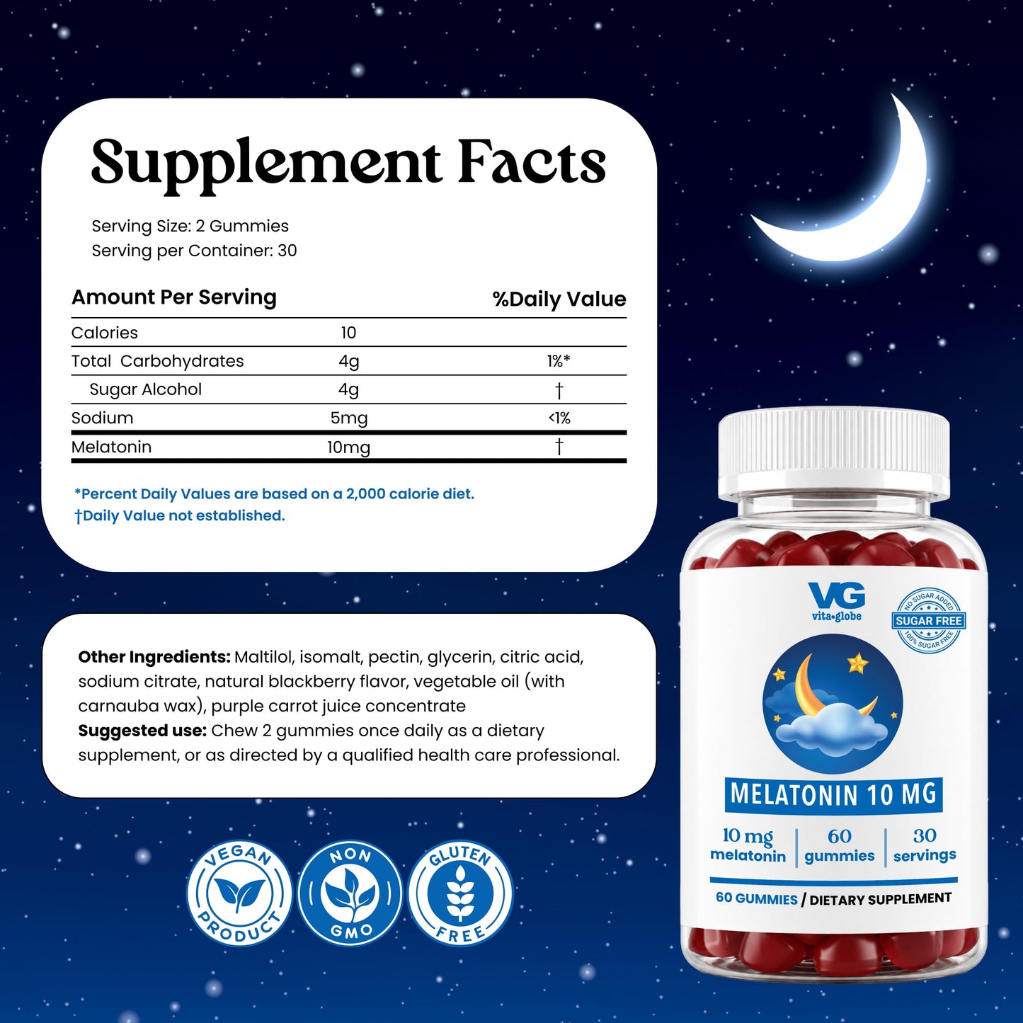 VITA GLOBE Melatonin Gummies 10mg, 60 Count