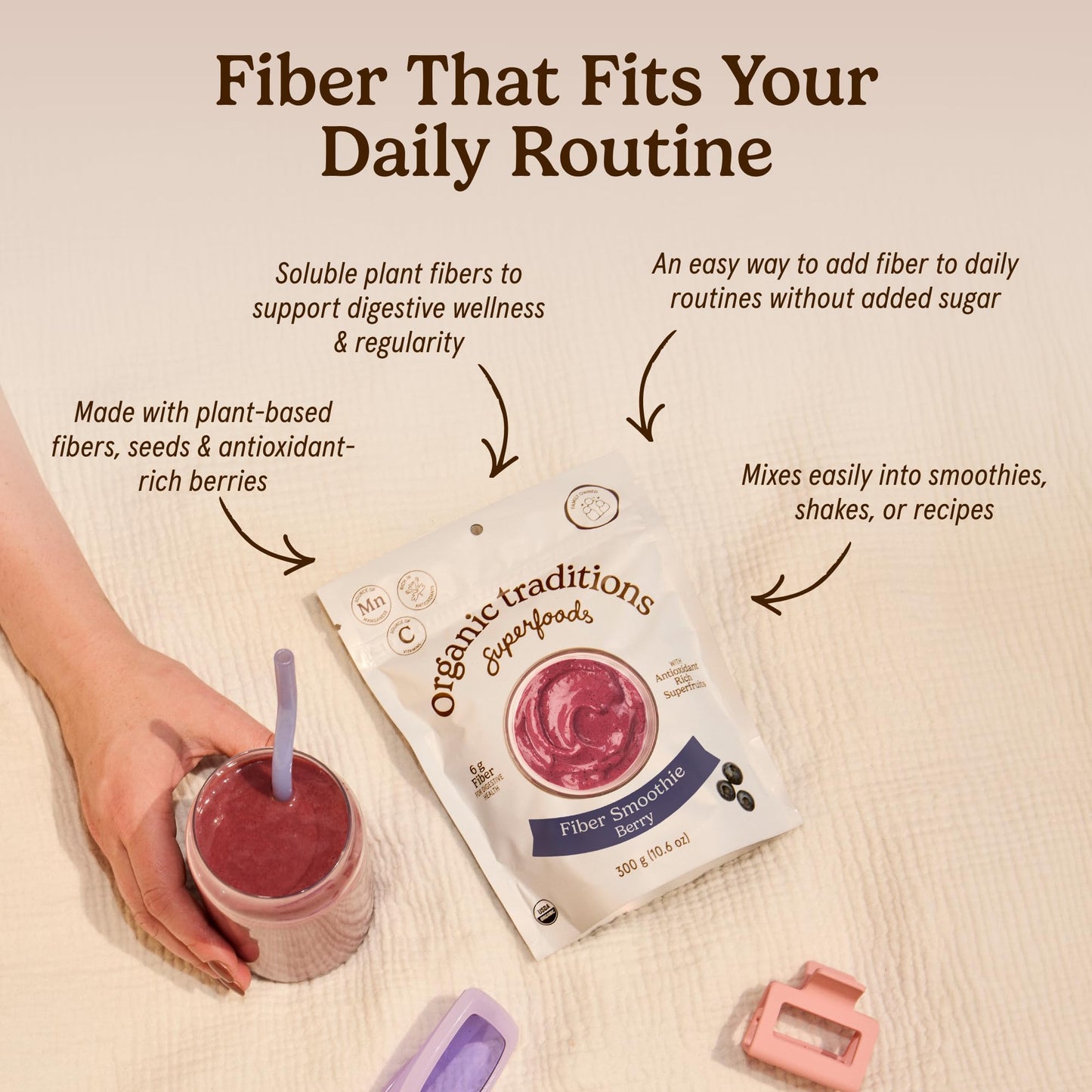 Organic Traditions Fiber Smoothie Berry Prebiotic Powder Blend, Powder, 10.6 oz