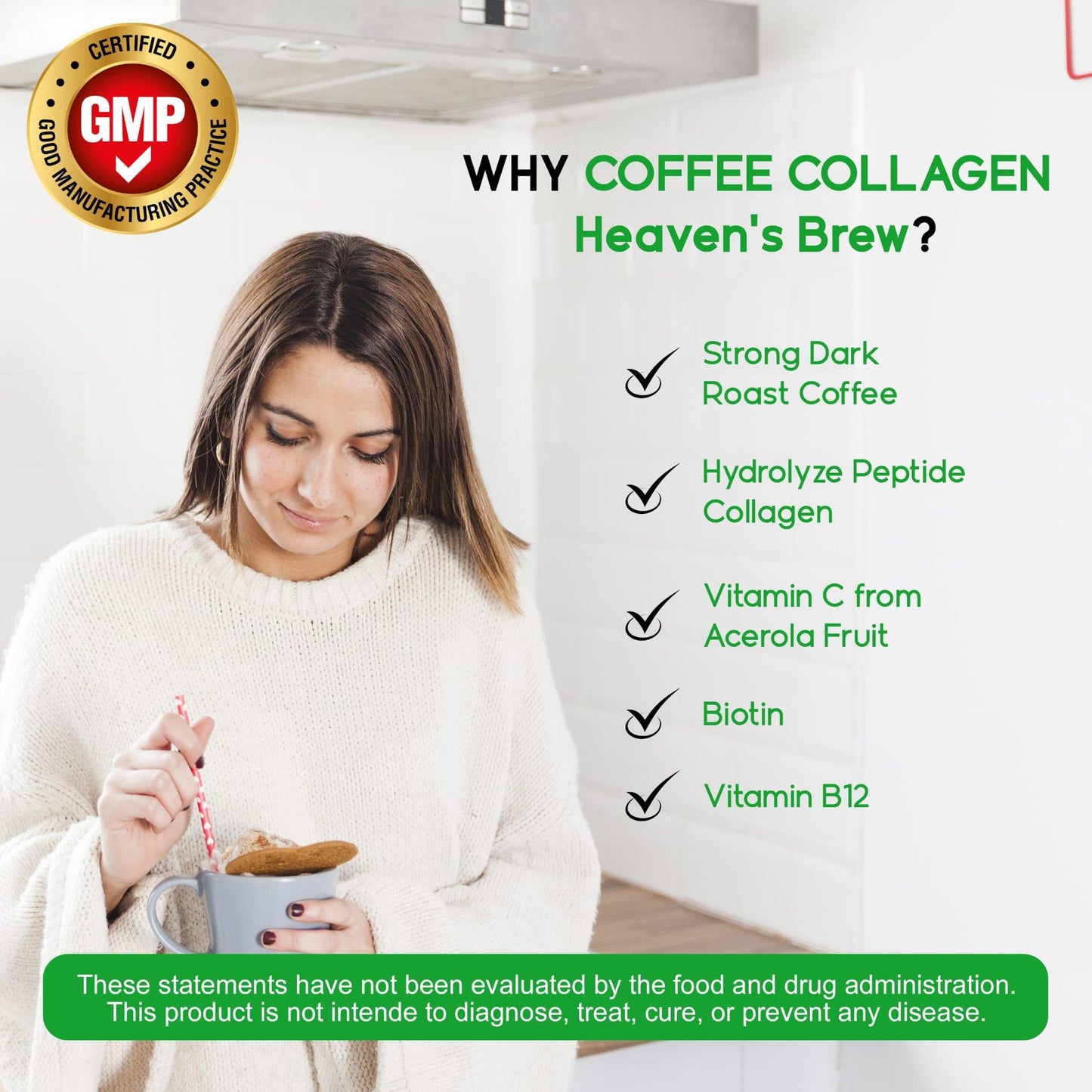 Heaven's Brew Hydrolyzed Bovine Peptide Coffee Flavored Collagen for Men & Women - Colageno - Hair, Skin, Nail & Joint Support & with Vitamin C from Acerola Fruit & B12 - without Dairy Or Added Sugar - 11.6 oz Powder