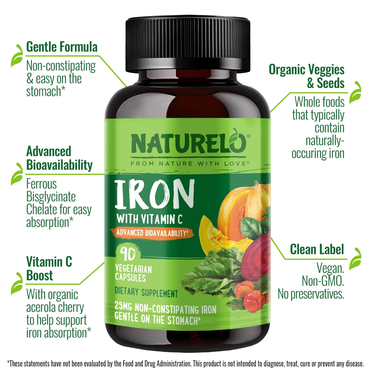 NATURELO Vegan Iron Supplement with Vitamin C and Organic Whole Foods 90 Capsules