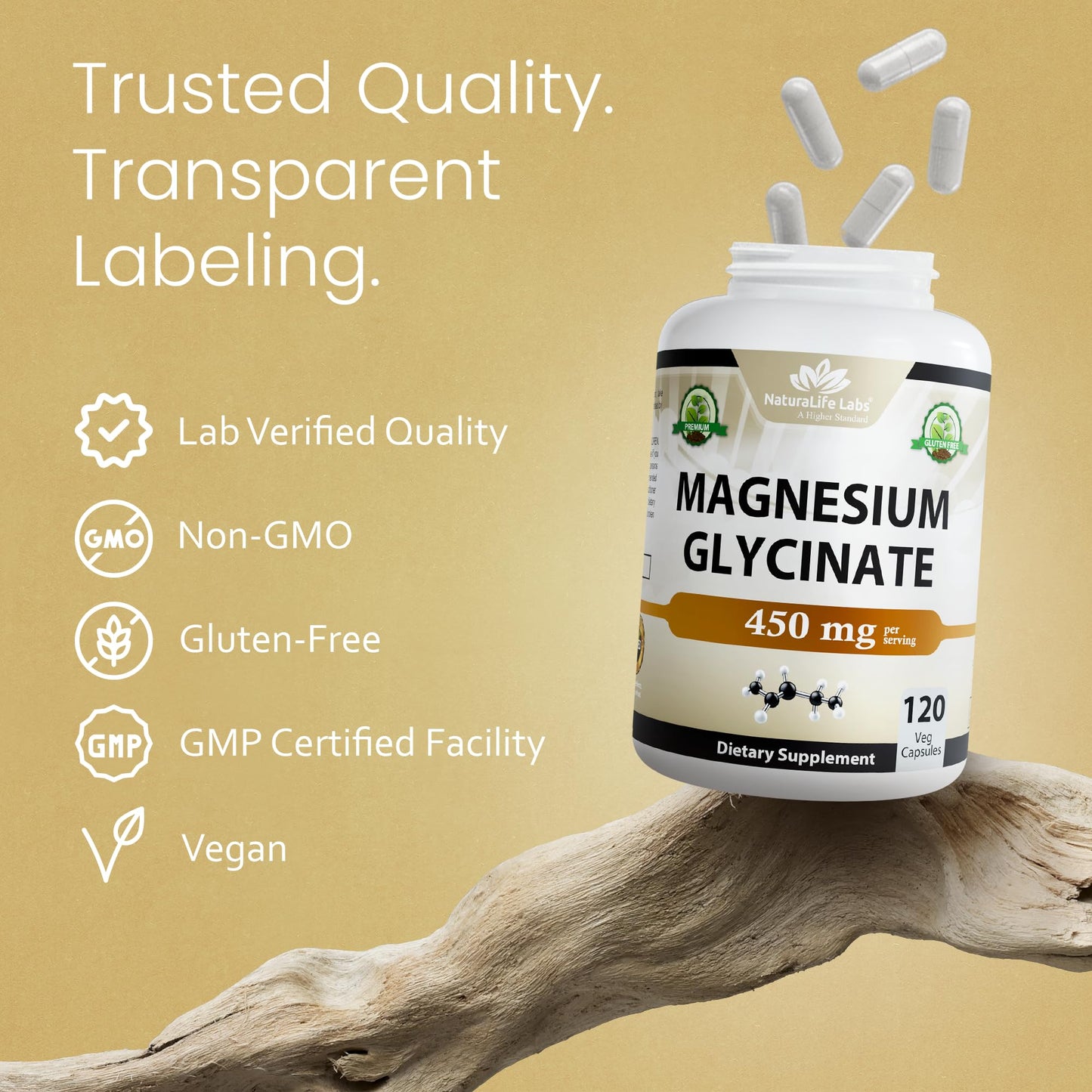 NaturaLife Labs Magnesium Glycinate 450 mg per Serving, 120 Capsules