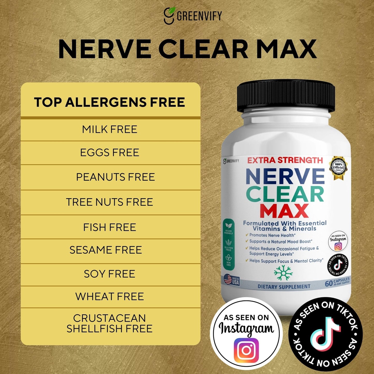 GREENVIFY Nerve Clear Max Extra Strength, Essential Vitamins & Minerals, Nerve Health Support, 60 Capsules
