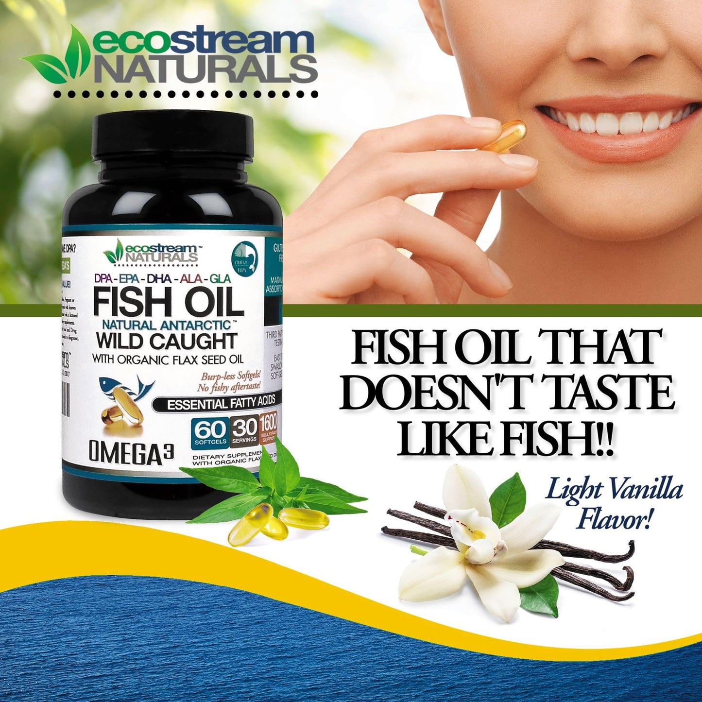 ecostream Naturals Wild Caught Antarctic Fish Oil with Organic Flax Seed Oil Omega3 Ultra DPA-EPA-DHA-GLA-ALA Softgels 60 Count