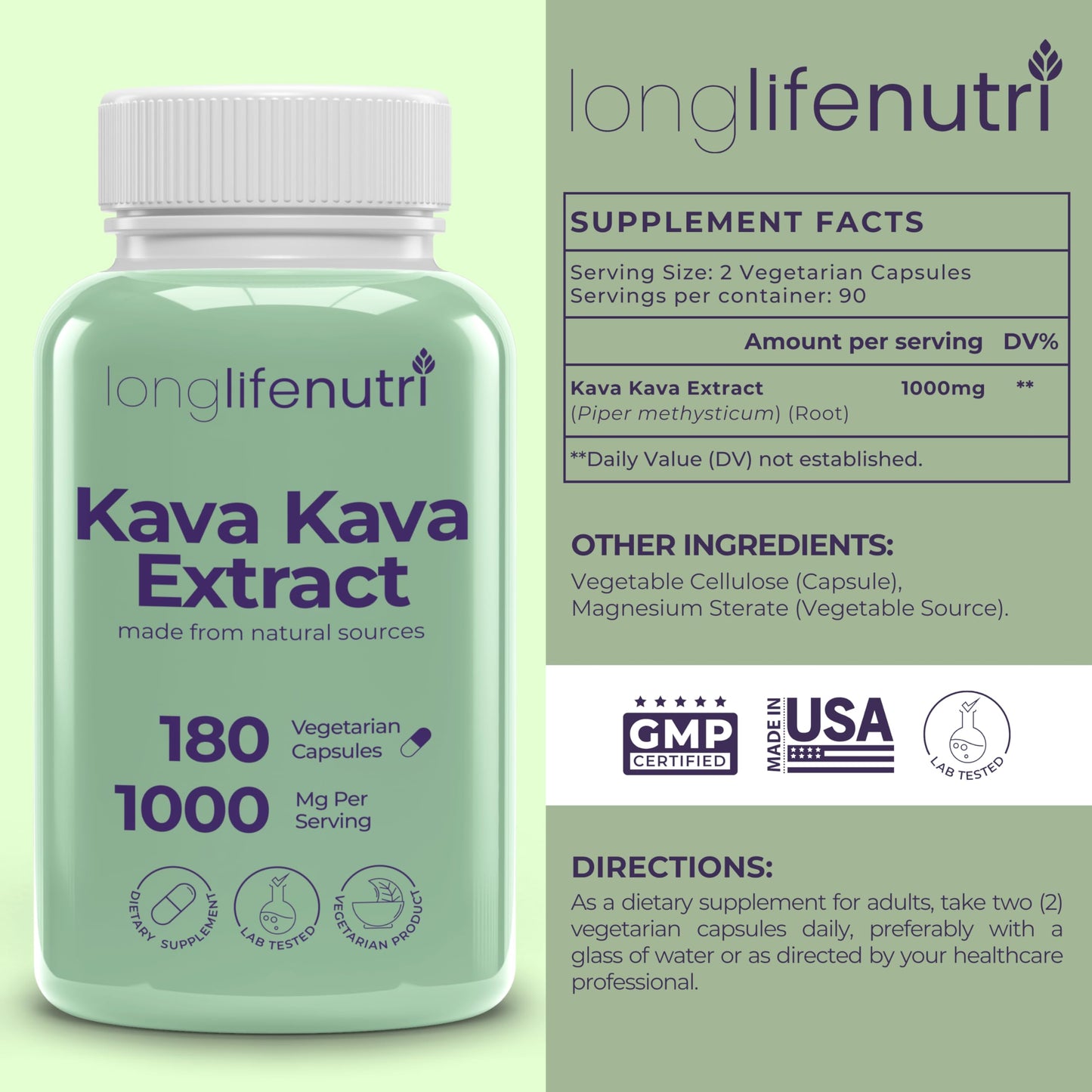 LongLifeNutri Kava Kava Extract Capsule 180 Count