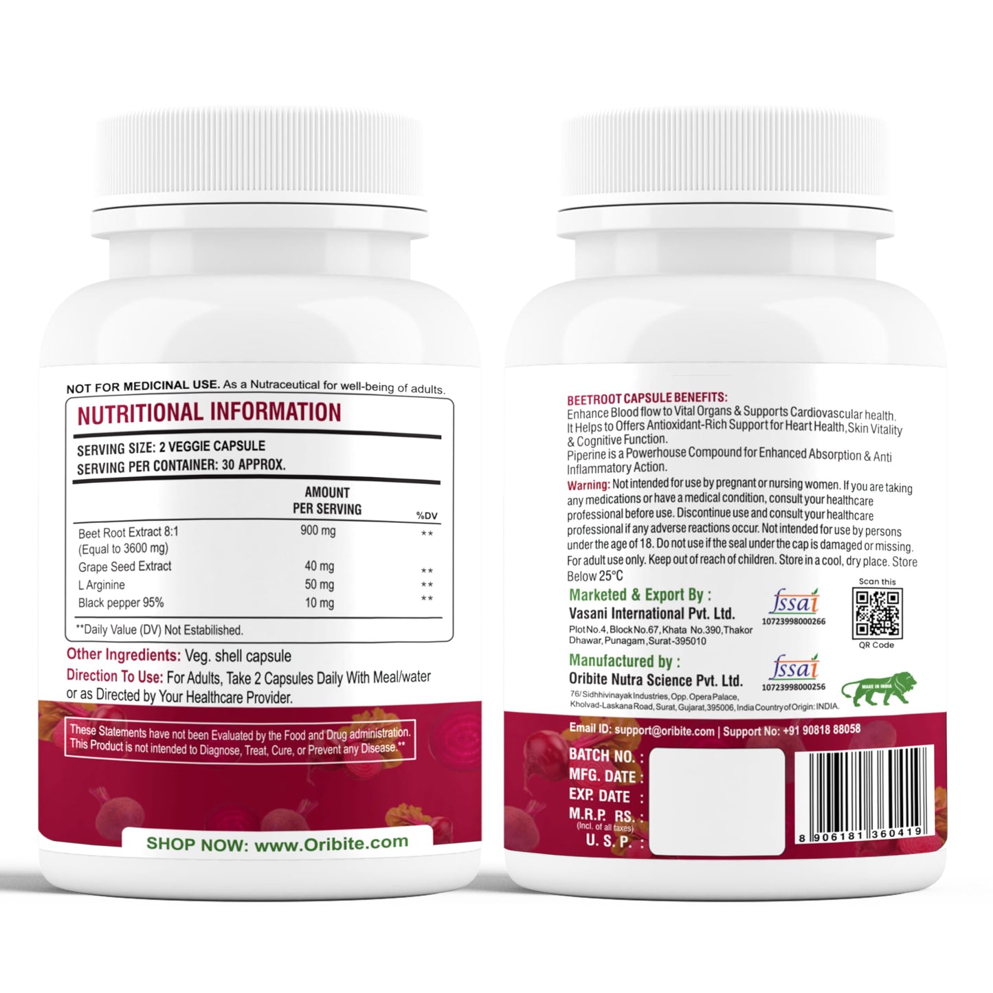 ORIBITE Beetroot 1000mg Capsules, 60 Count