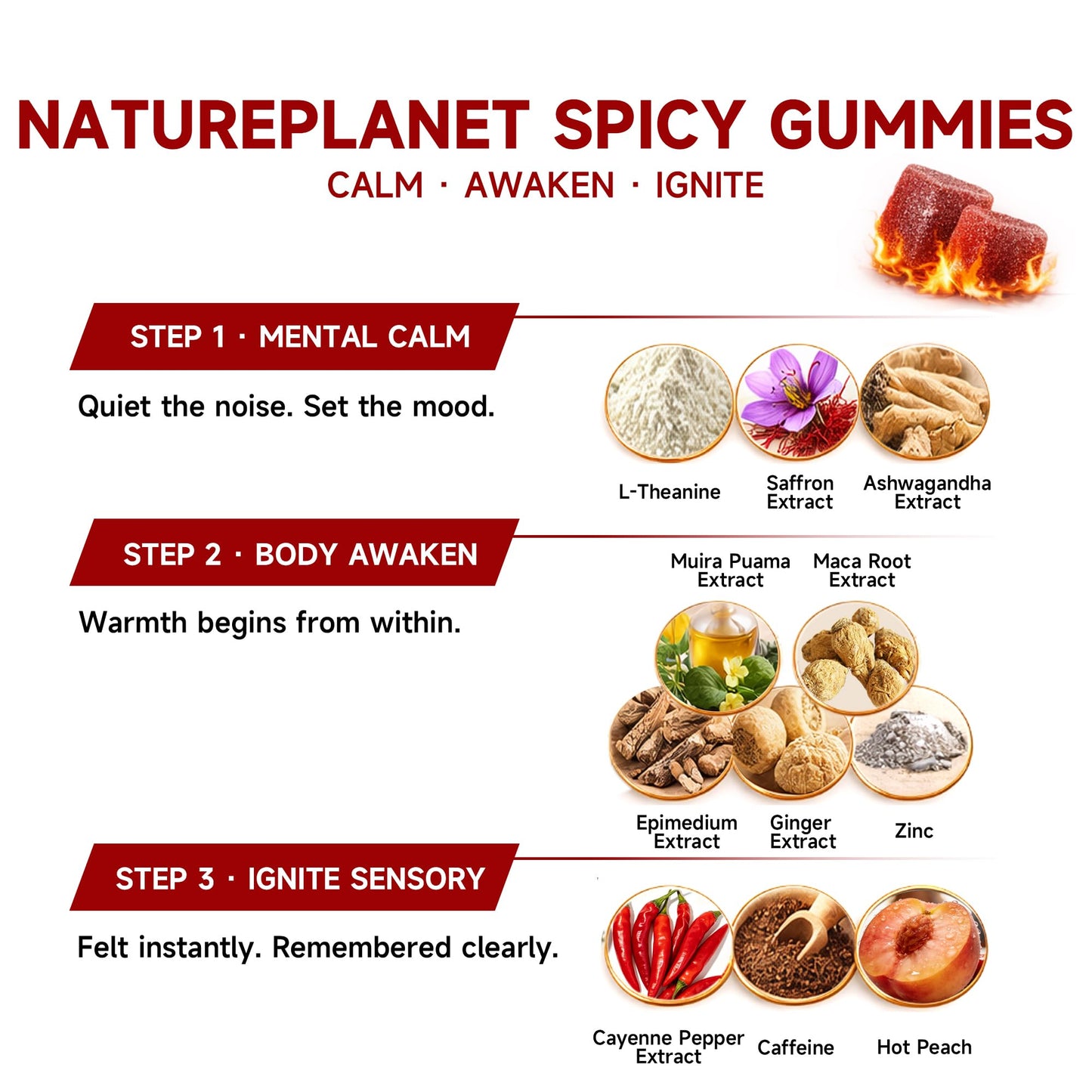 NaturePlanet Spicy Gummies Mood & Stress Support with L-Theanine, Saffron, Ashwagandha, Epimedium, Muira Puama, Maca, Hot Peach Flavor, 60 Gummies