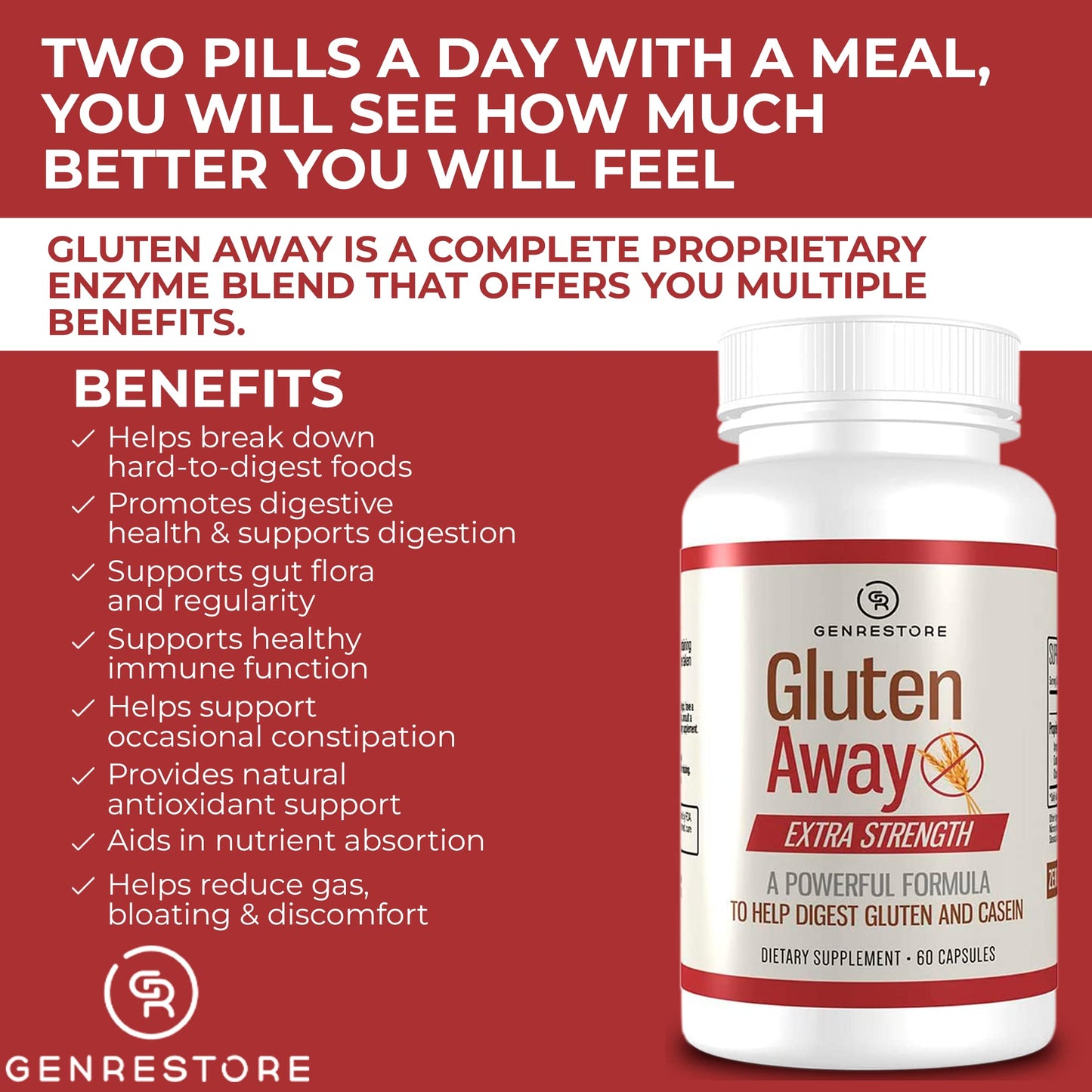 Berry Gen Gluten Away Dietary Supplement – Extra Strength Digestive Enzymes, Gluten & Casein Support, 60 Capsules