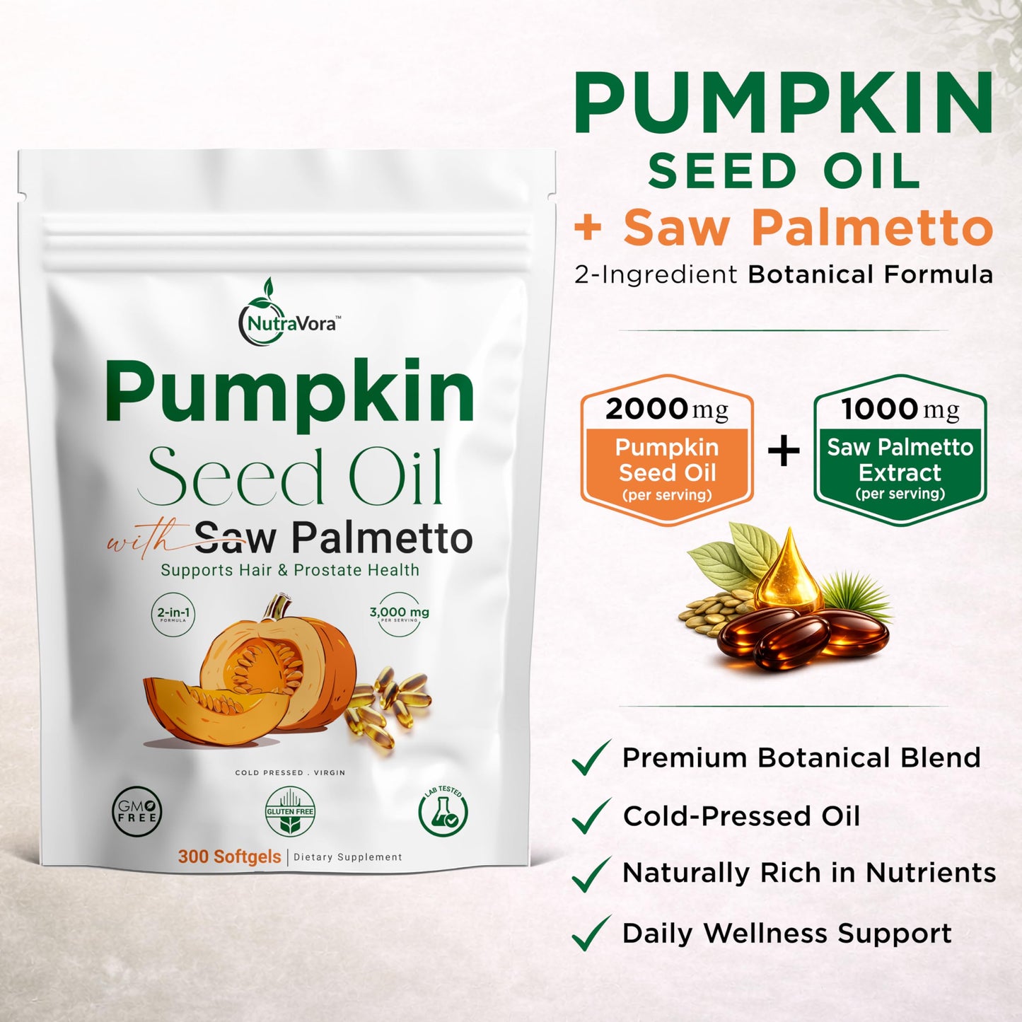 NutraVora Pumpkin Seed Oil with Saw Palmetto Softgels 300