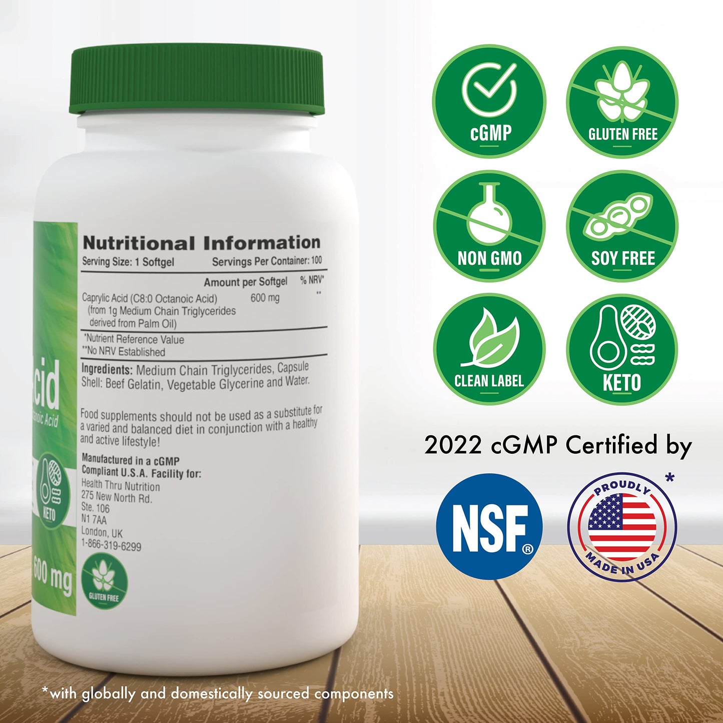 Health Thru Nutrition Caprylic Acid 600mg Softgels 100 Count