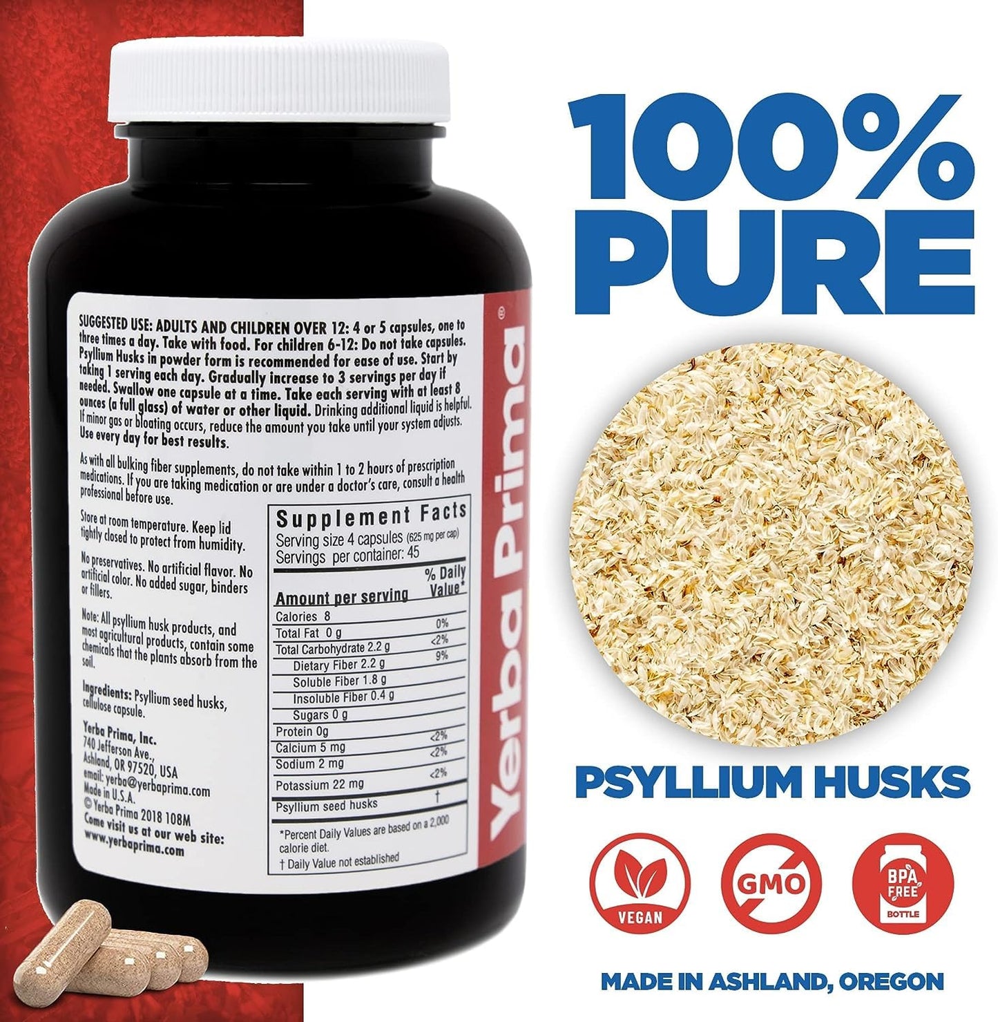 Yerba Prima Fiber Psyllium Husks Veg Capsules, 180 Count