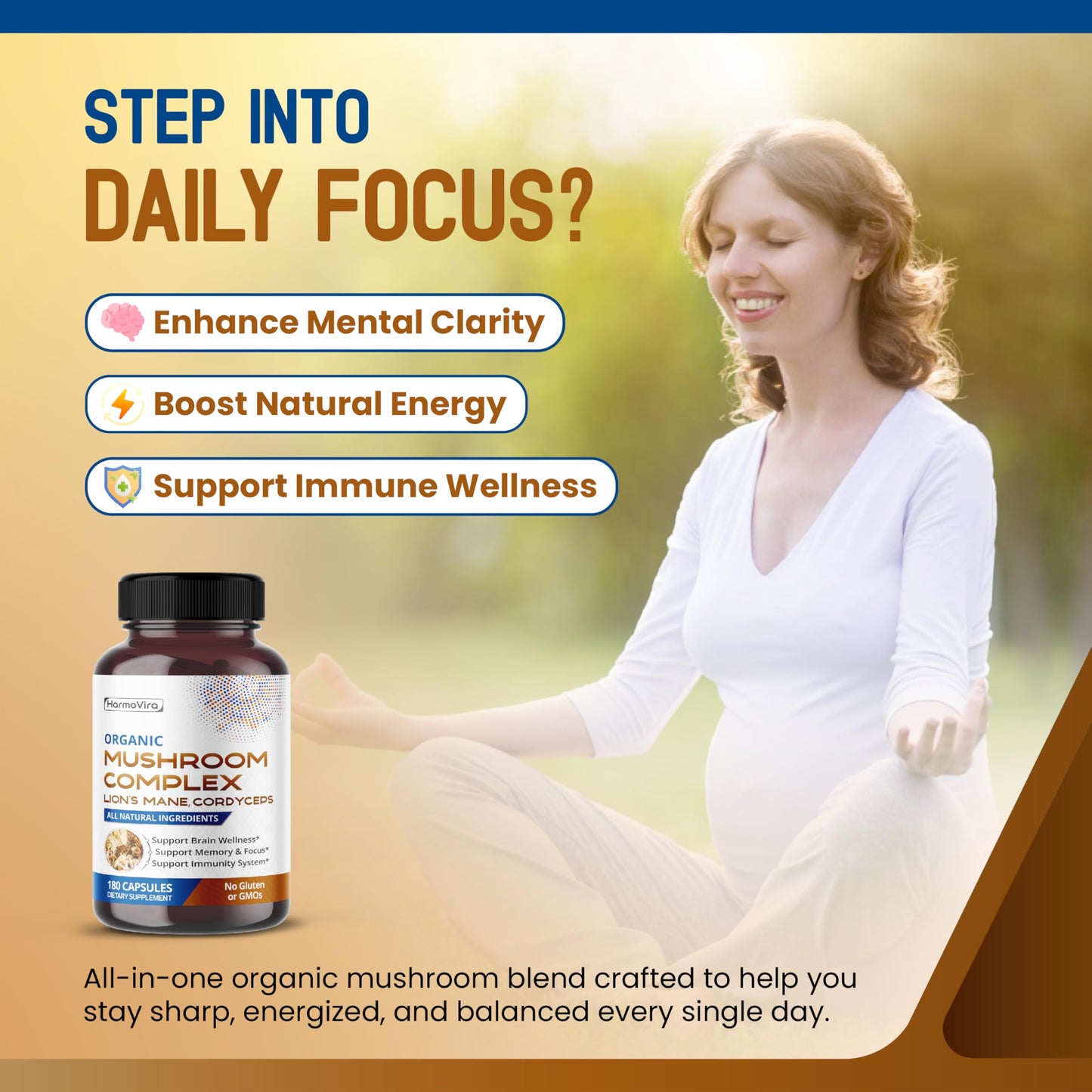 HarmoVira Organic Mushroom Complex with Lion's Mane, Cordyceps & Turkey Tail – Brain, Memory & Immune Support – Capsules, 150 Count