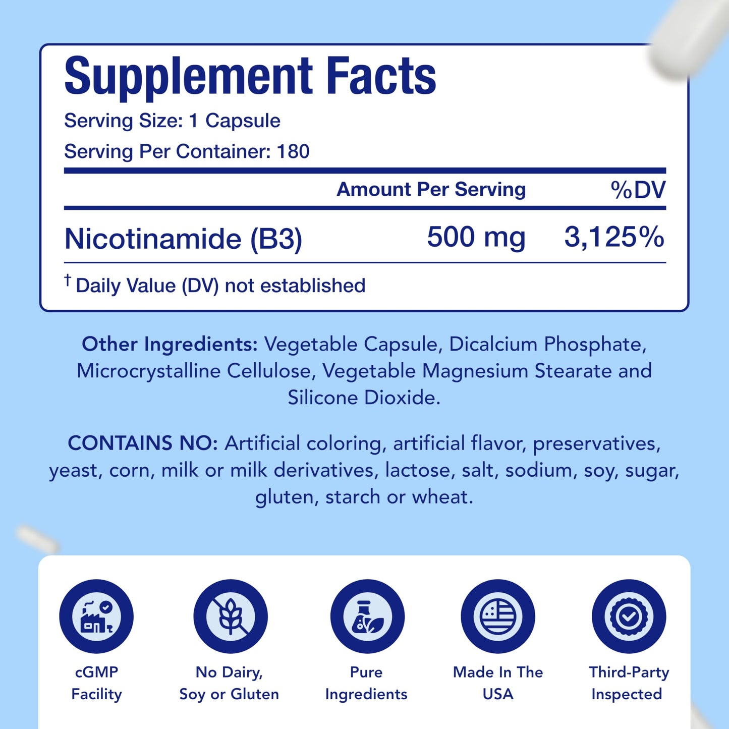 NasaBeahava Vitamin B3 Nicotinamide 500mg Capsules, 180 Count