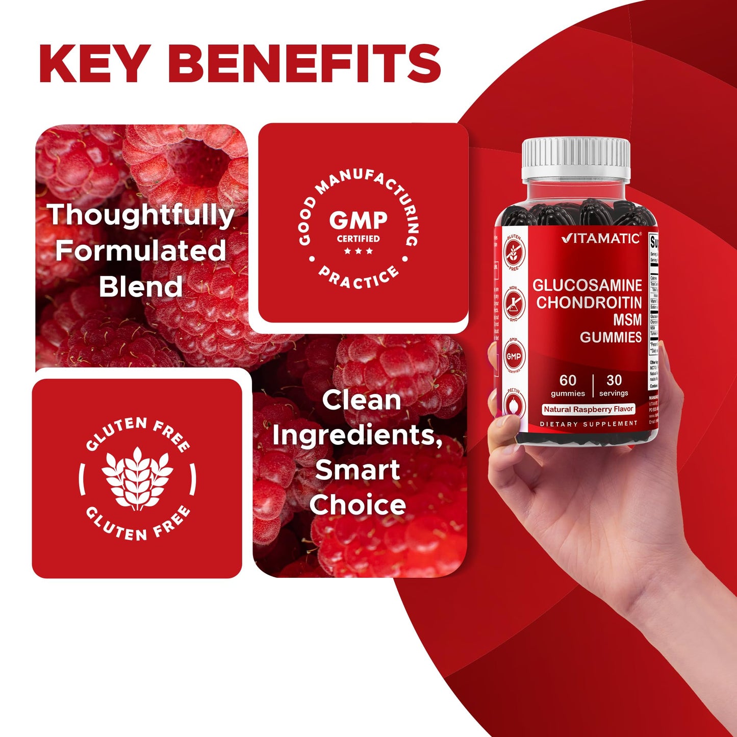 Vitamatic Glucosamine Chondroitin Gummies with MSM & Vitamin E – Joint Support Formula, 60 Gummies