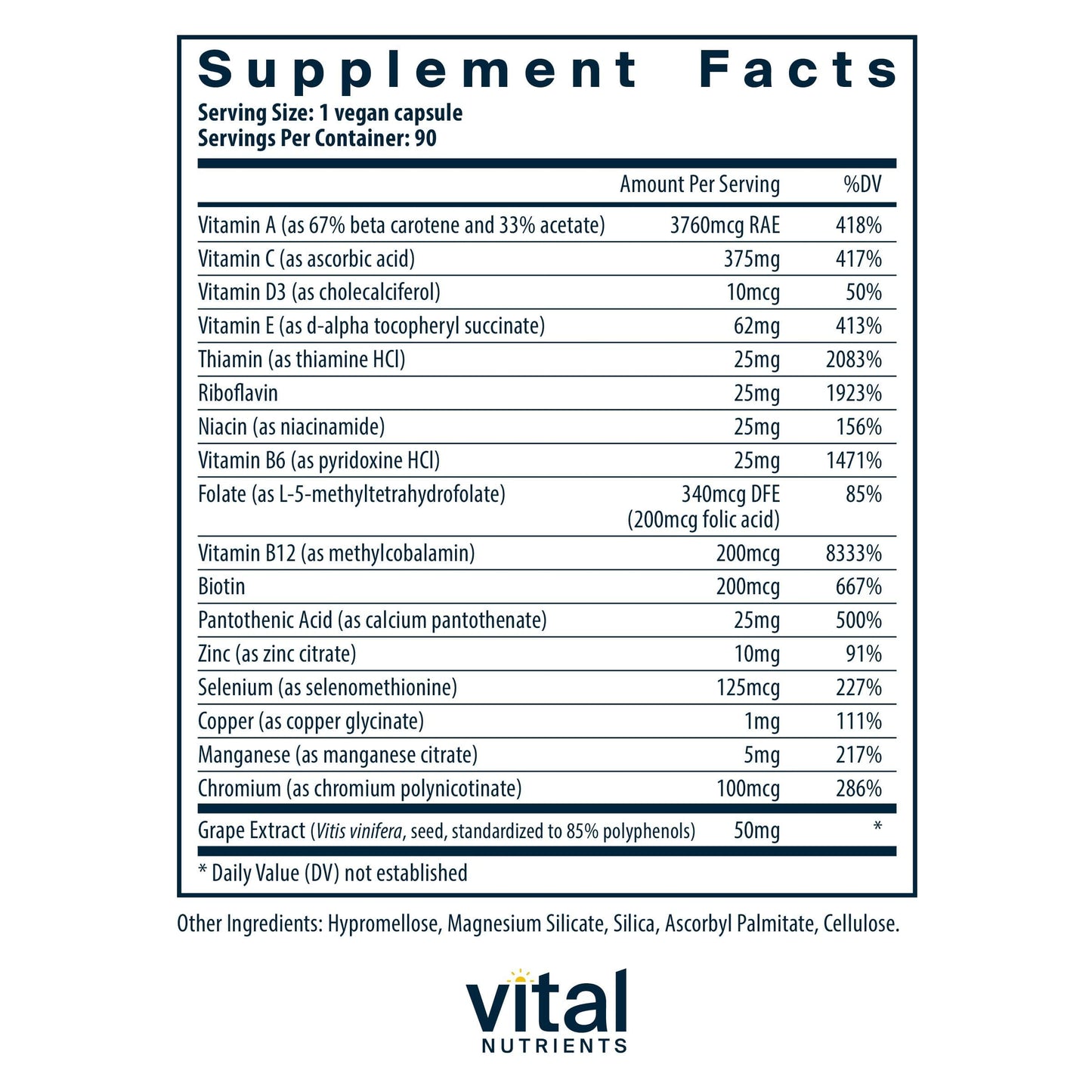 Vital Nutrients Minimal and Essential Multivitamin - Vegetarian One per Day Multi Vitamin, Mineral, & Antioxidant Supplement 90 Capsules
