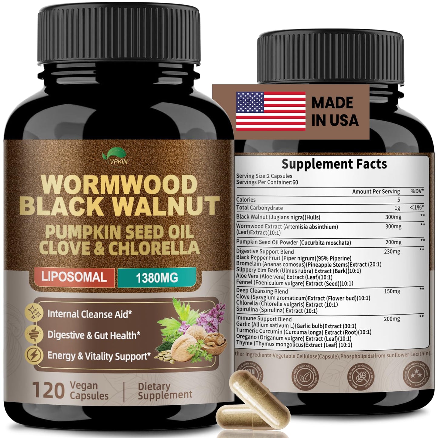 VPKIN Wormwood Black Walnut Clove Cleanse Capsule 120 Count