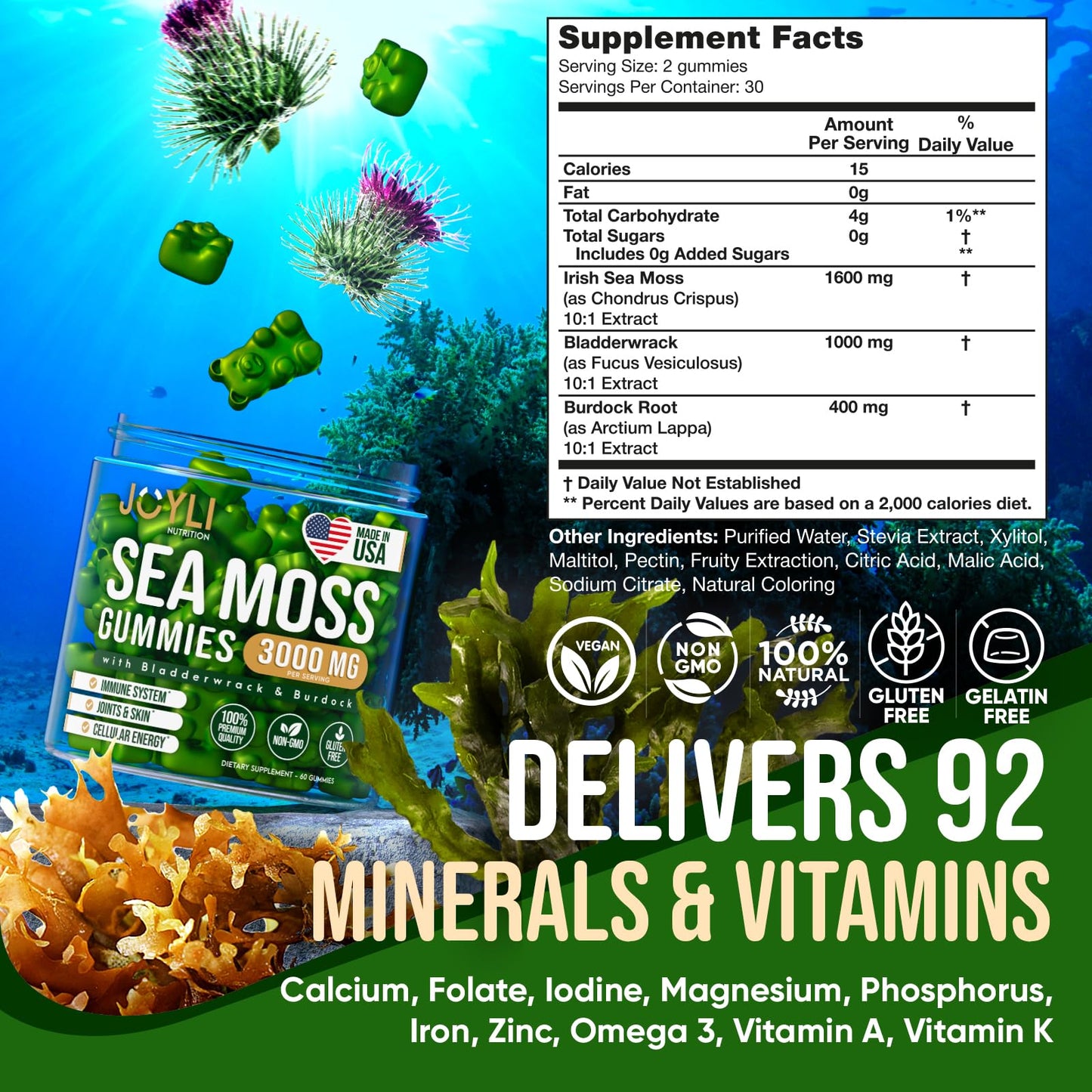 JOYLI Nutrition Sea Moss Gummies with Bladderwrack & Burdock Root – Vegan Irish Sea Moss Supplement, Sugar-Free, 120 Gummies