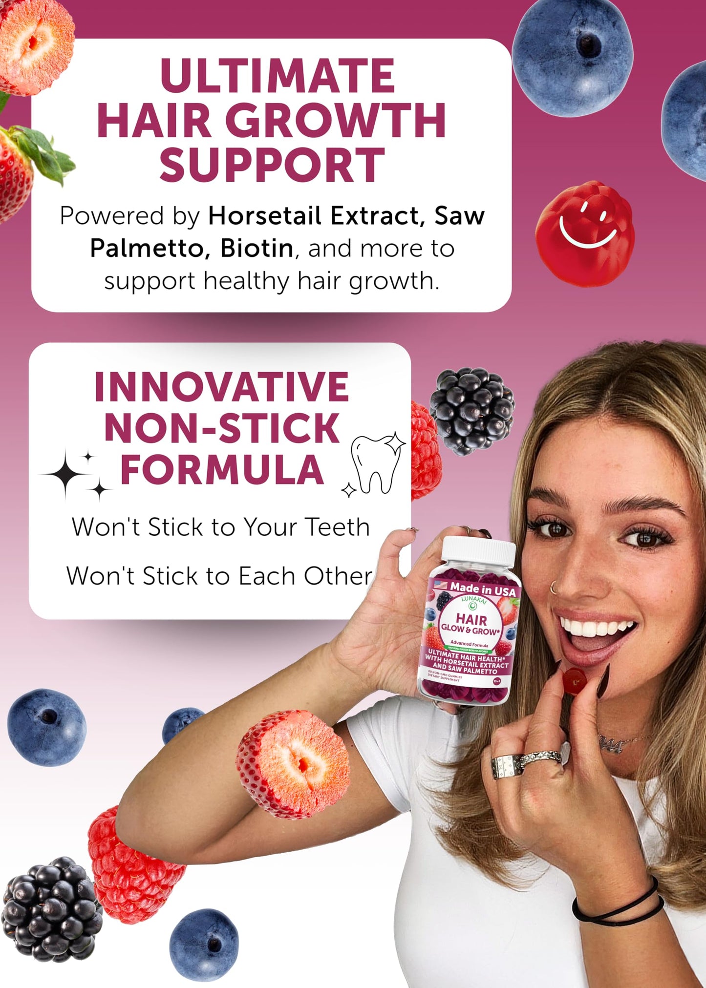 Lunakai Super Hair Gummies with Biotin, Zinc, Horsetail Extract & Saw Palmetto, 60 Gummies