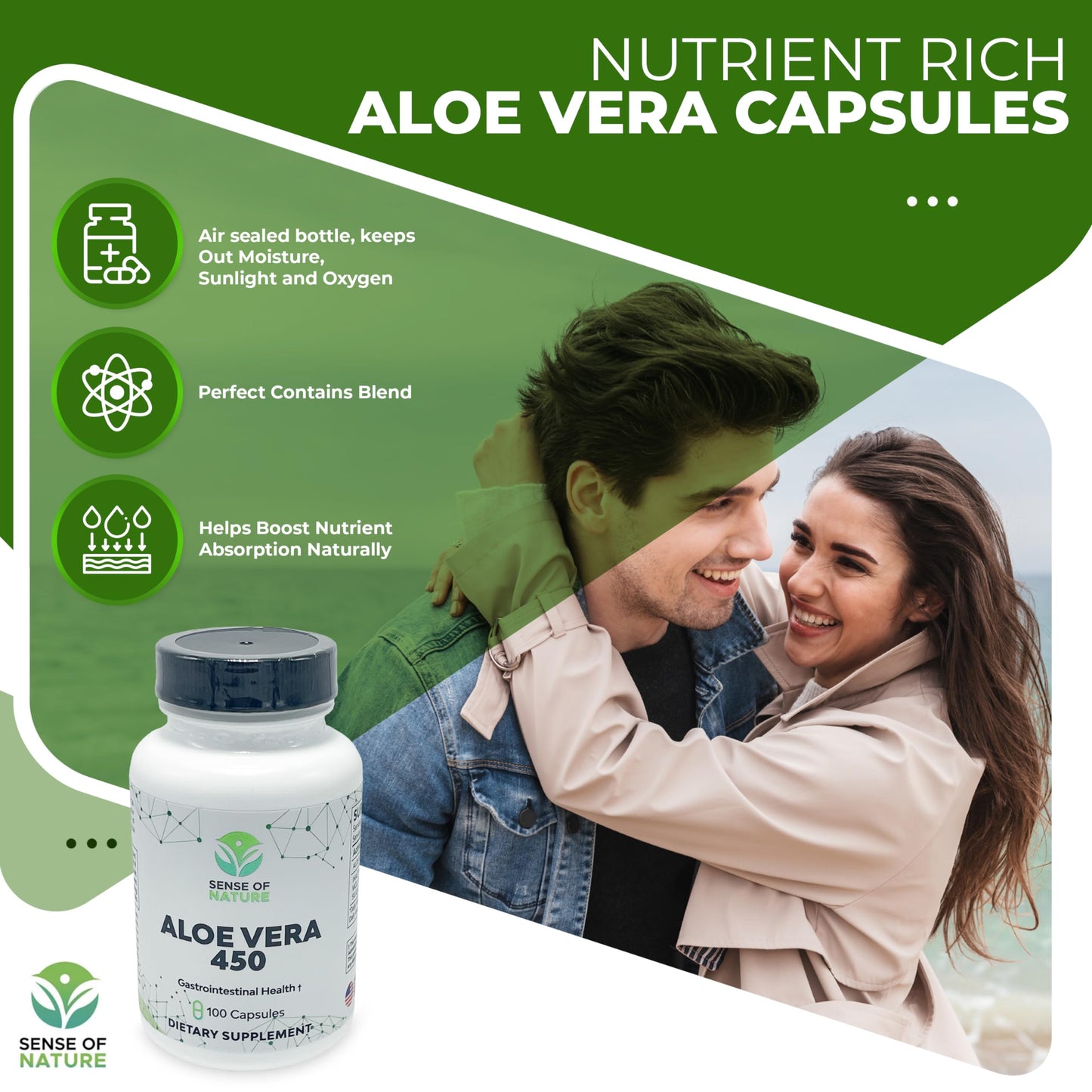 Sense of Nature Aloe Vera 450 Capsules Organic Non-GMO Digestive & Joint Support 1 Count