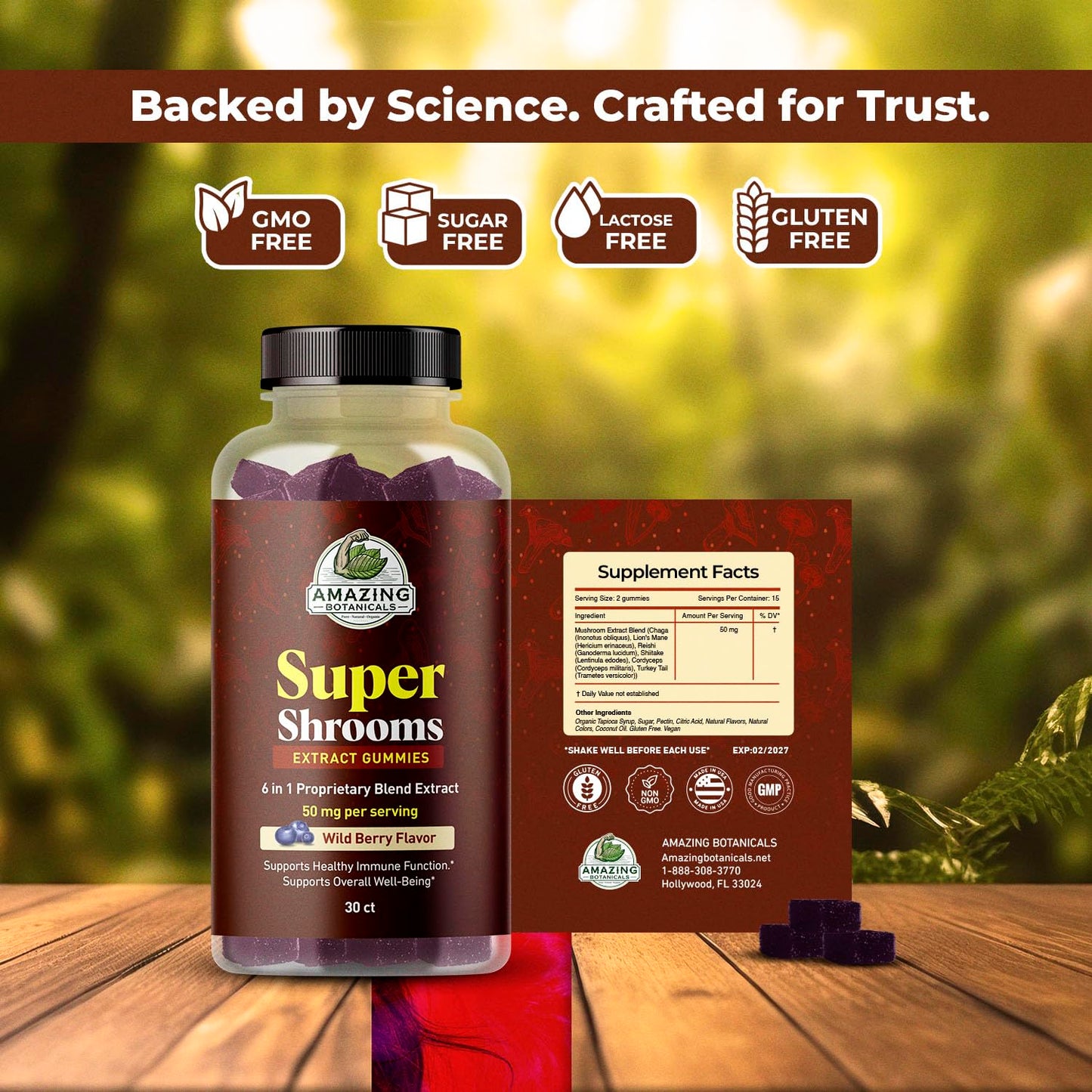 Amazing Botanicals Organic Super Shrooms 6-in-1 Mushroom Supplement Gummies 30 Count