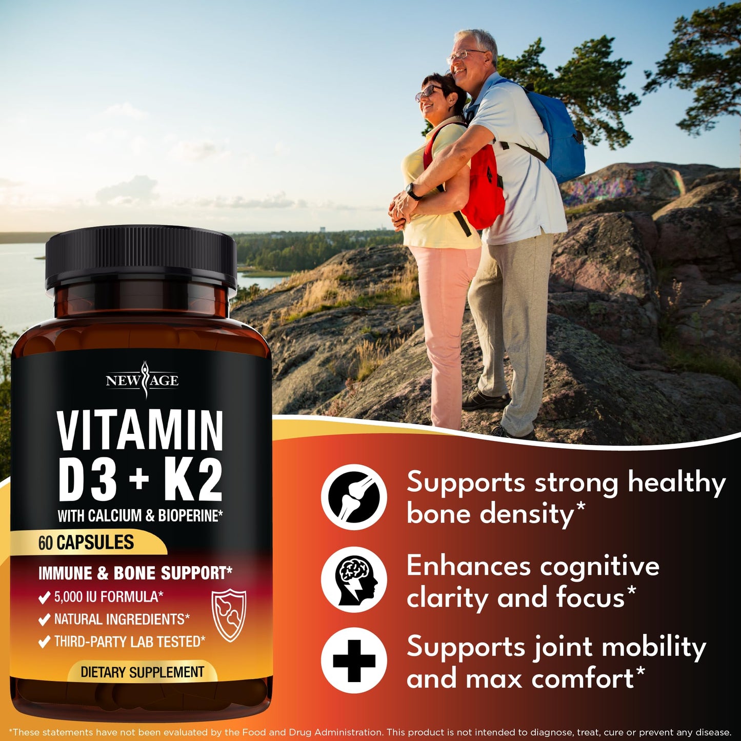 NEW AGE Vitamin D3 5,000 IU + K2 MK-7 100 mcg 2-in-1 Bone, Immune & Heart Support, 180 Capsules