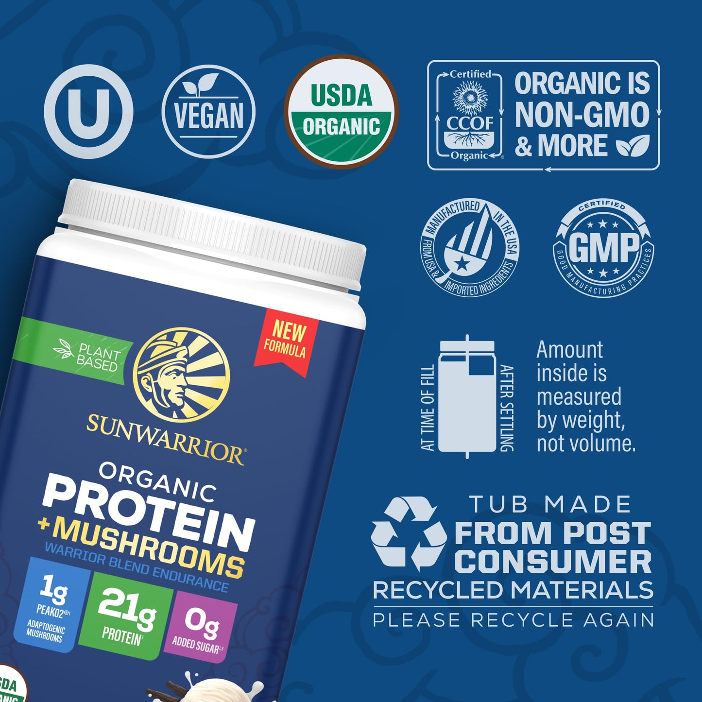 Sunwarrior Organic Protein Powder Warrior Blend + Mushroom Vanilla, 12.8 Ounce