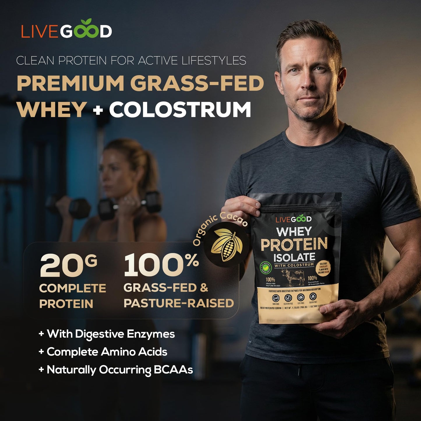 LIVEGOOD Whey Protein Isolate with Colostrum Protein Powder, Chocolate, 27.7
