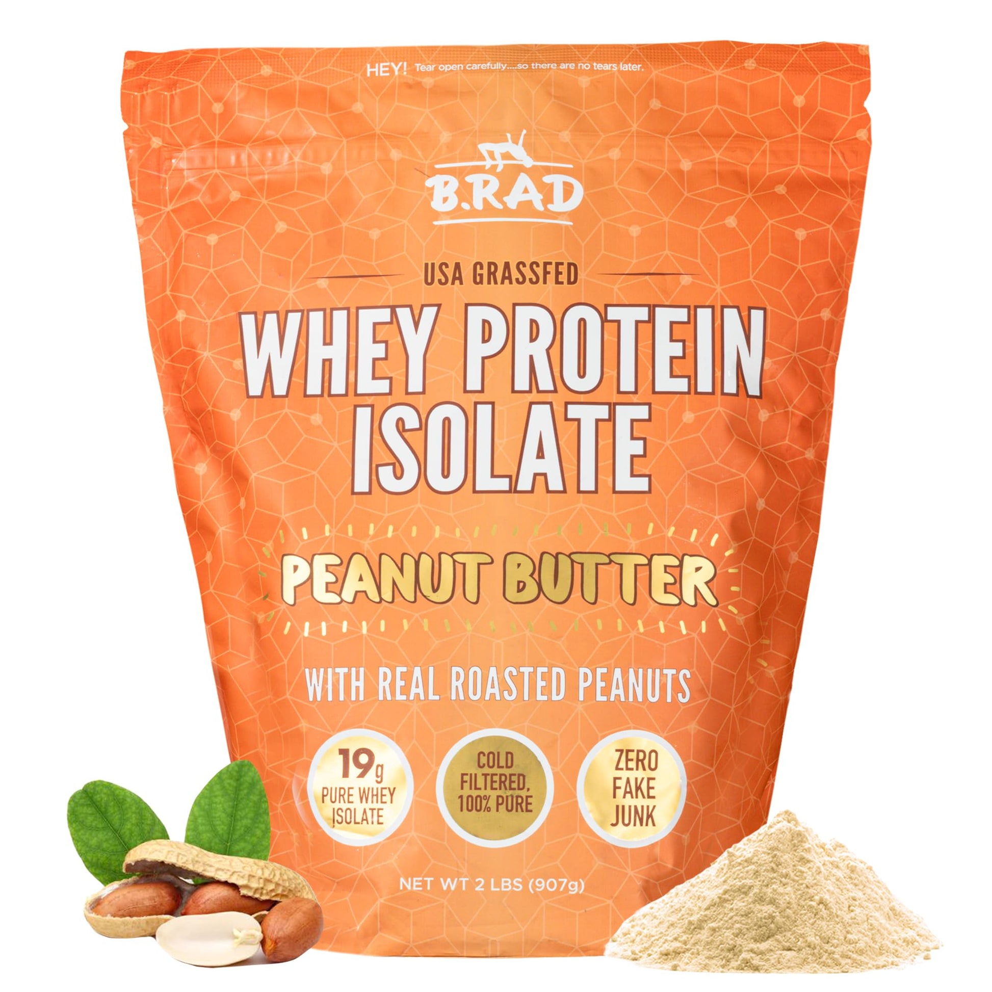 B.rad Grass Fed Whey Protein Isolate Powder Peanut Butter 32 Servings
