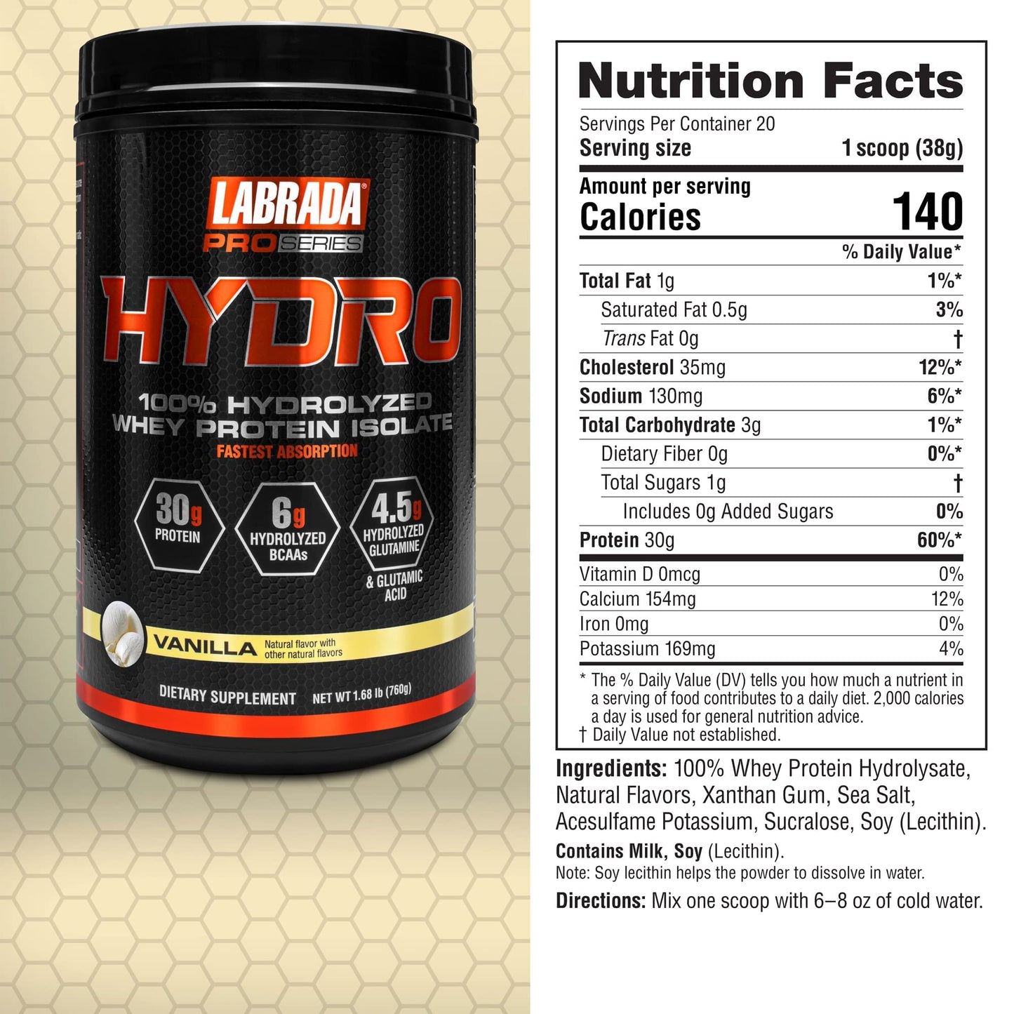Labrada Hydro 100% Pure Hydrolyzed Whey Protein Isolate Powder, 20 Servings, Vanilla