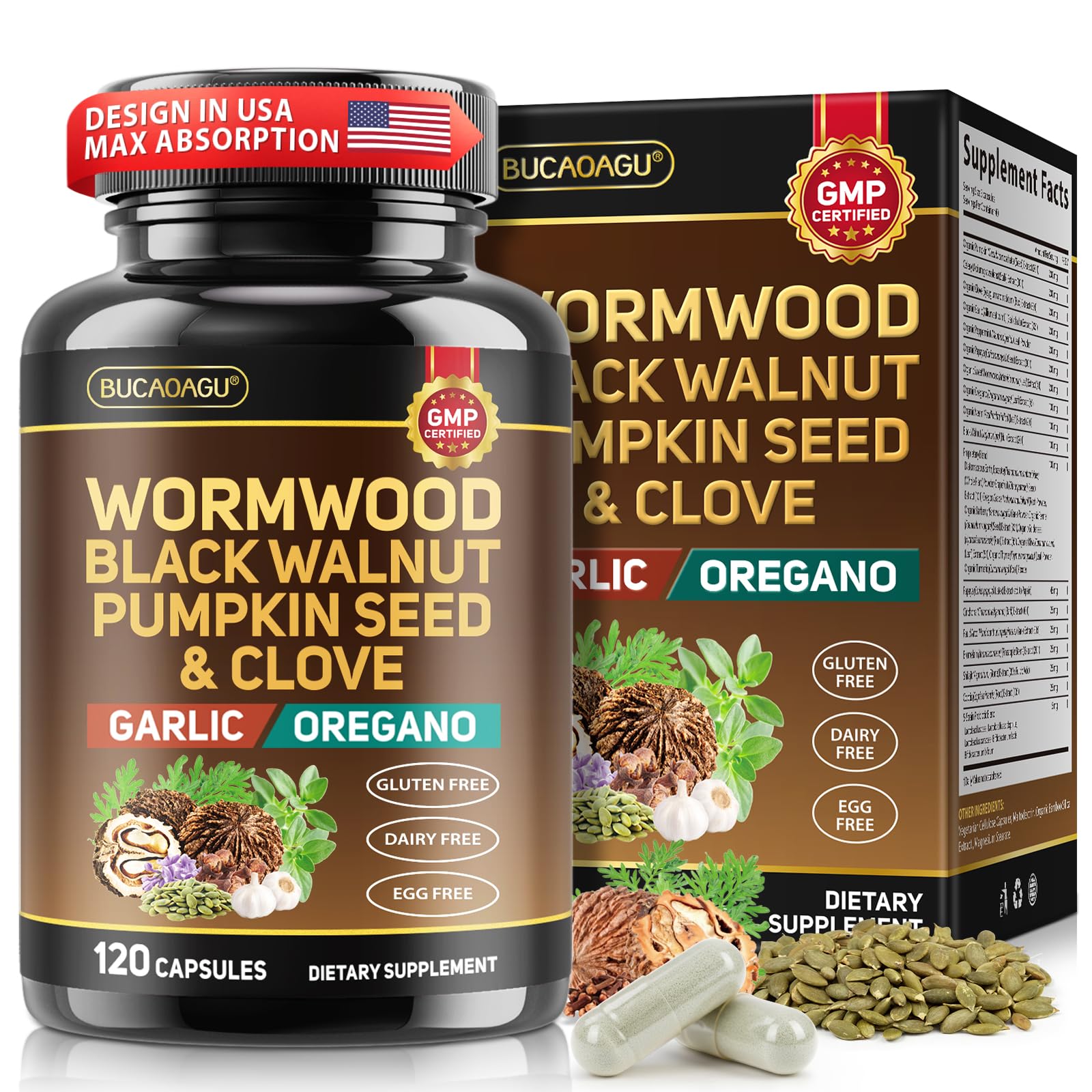 BUCAOAGU Wormwood Black Walnut Clove Cleanse for Humans - Natural Gut Cleanse & Digestive Health with Pumpkin Seed Garlic Oregano Neem Papaya Turmeric Diatomaceous Earth Probiotic Supplement 120 Capsules